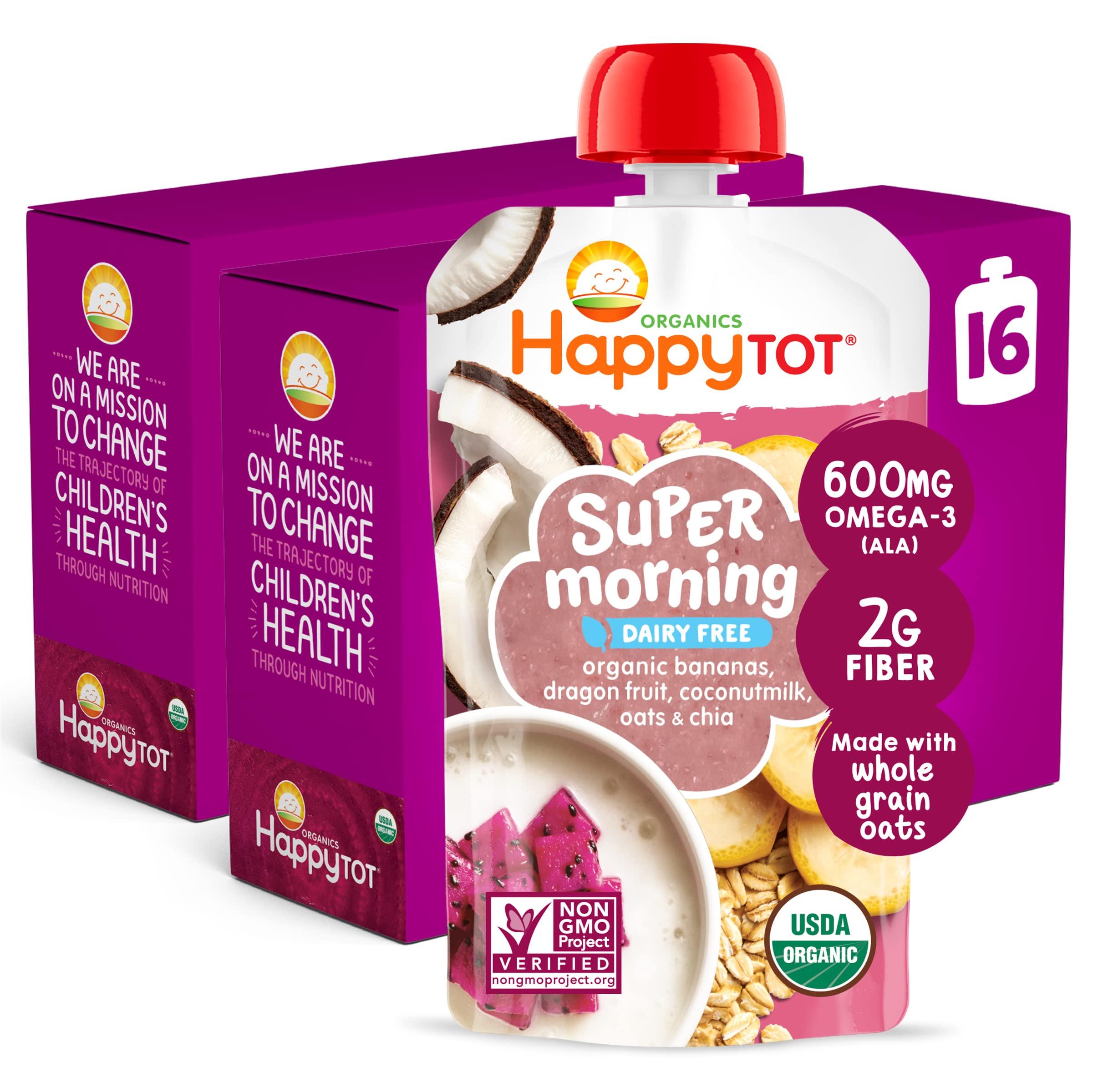 HAPPYTOT Happy Tot Organics Stage 4 Baby Food Pouches, Gluten Free, Vegan & Dairy Free Snack, Super Morning Fruit & Oat Blend, Bananas, Dragon Fruit, Coconutmilk, Oats & Chia, 4 Oz (Pack of 16)