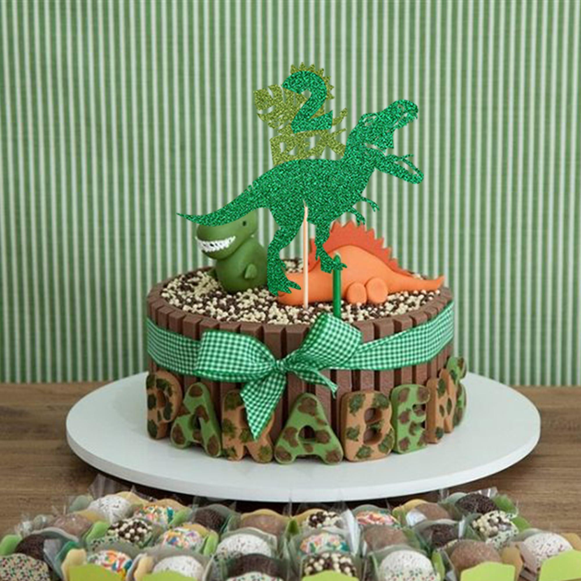 Rsstarxi Rsstarxi 1 Pack Dinosaur Two Rex Birthday Cake Topper Glitter Dinosaur T-Rex 2nd Birthday Cake Pick Two Year Olds Dinosaur Theme Cake Decoration for Baby Shower Second Birthday Party Decor Green