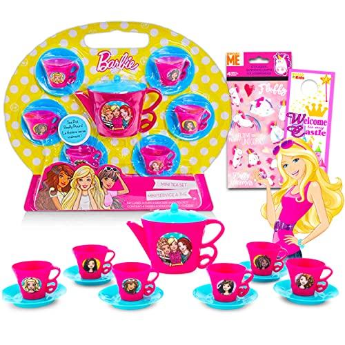 Girl Barbie Doll Tea Party Play Set Bundle ~ 13 Piece Tea Set with Doll Tea Cups, Saucers, and Tea Kettle Plus Stickers (Tea Playsets for Girls) image-1