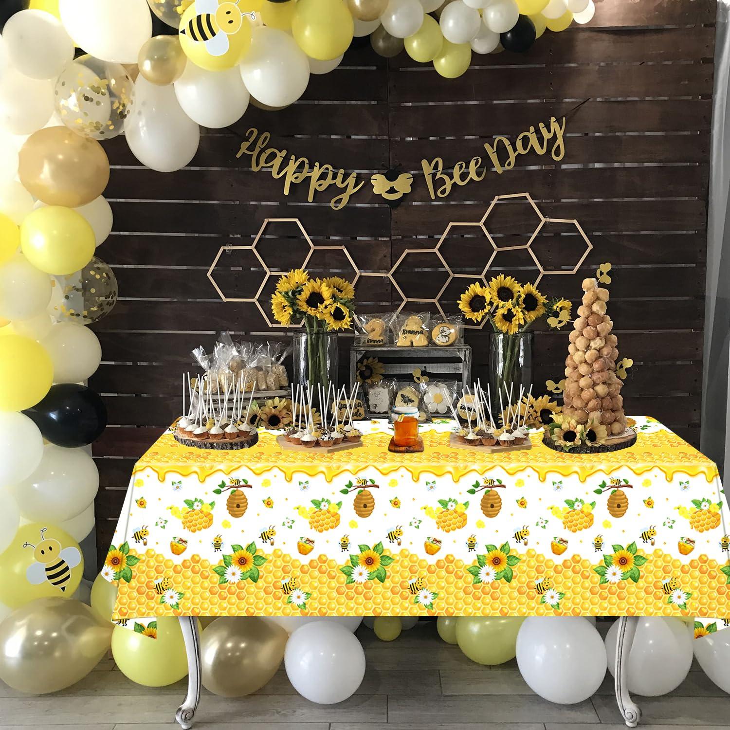 Dvaorc 4 Pack Bee Tablecloth Happy Bee Day Tablecloths Rectangle Honey Bees Bumble Table Cover Bee Theme Party Tablecloth for Bee Baby Shower Bee Birthday Party Decorations 51 x 86 Inch