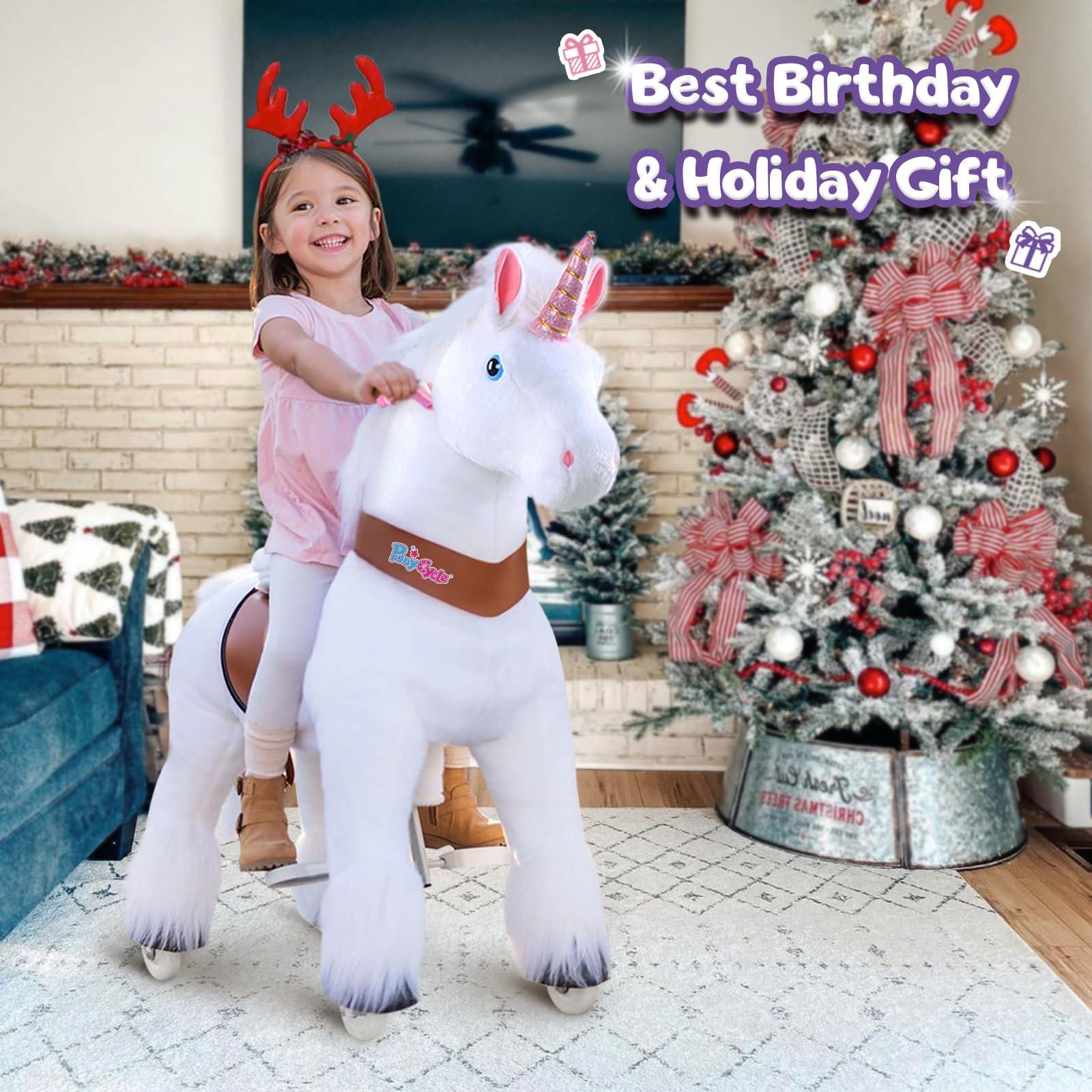PonyCycle PonyCycle Unicorn Ride on Toys Riding Unicorn for Big Kids with Brake (36\" Height/Size 4 for Age 4-8) Ride on Unicorn Classic Model U Mechanical Pony Birthday Gifts Plush Animal Rideable Horse Ux404