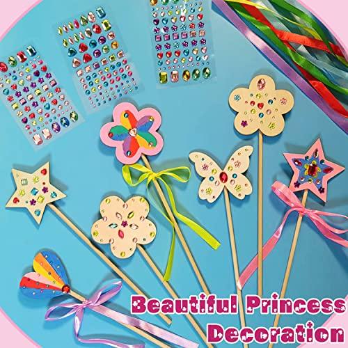 WUBOMJIO WUBOMJIO Princess Fairy Wands Craft Kit, Kid Birthday Party Supplies Make Your Own Magic Wands Include Unfinished Wooden Fairy Wands, Gem Stickers, Ribbons, Ideal Gift for Kids 6+(14 PCS)
