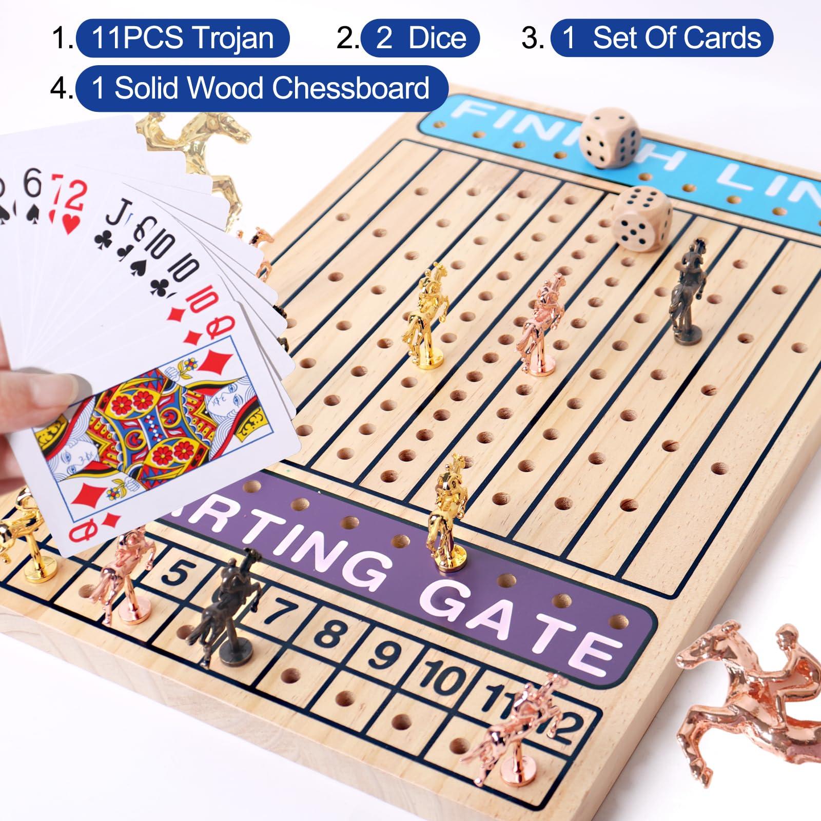 BESTAMTOY Horse Race Board Game Racing Game Thickened Solid Wood 11 Luxurious Durable Classic Metal Horses with 2 Dice and 1 Boxes of Cards Horse Racing Game