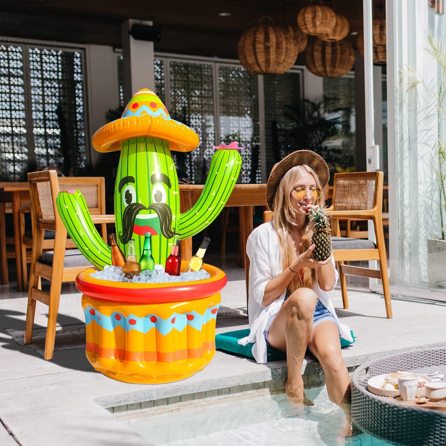 PARENTSWELL PARENTSWELL 2 Pack Inflatable Cactus Cooler, 47.5\'\' Blow Up Pool Party Drink Cooler Ice Bucket with Sombrero Hat, Mexican Fiesta Party Decorations Supplies for Cinco De Mayo Party Decor
