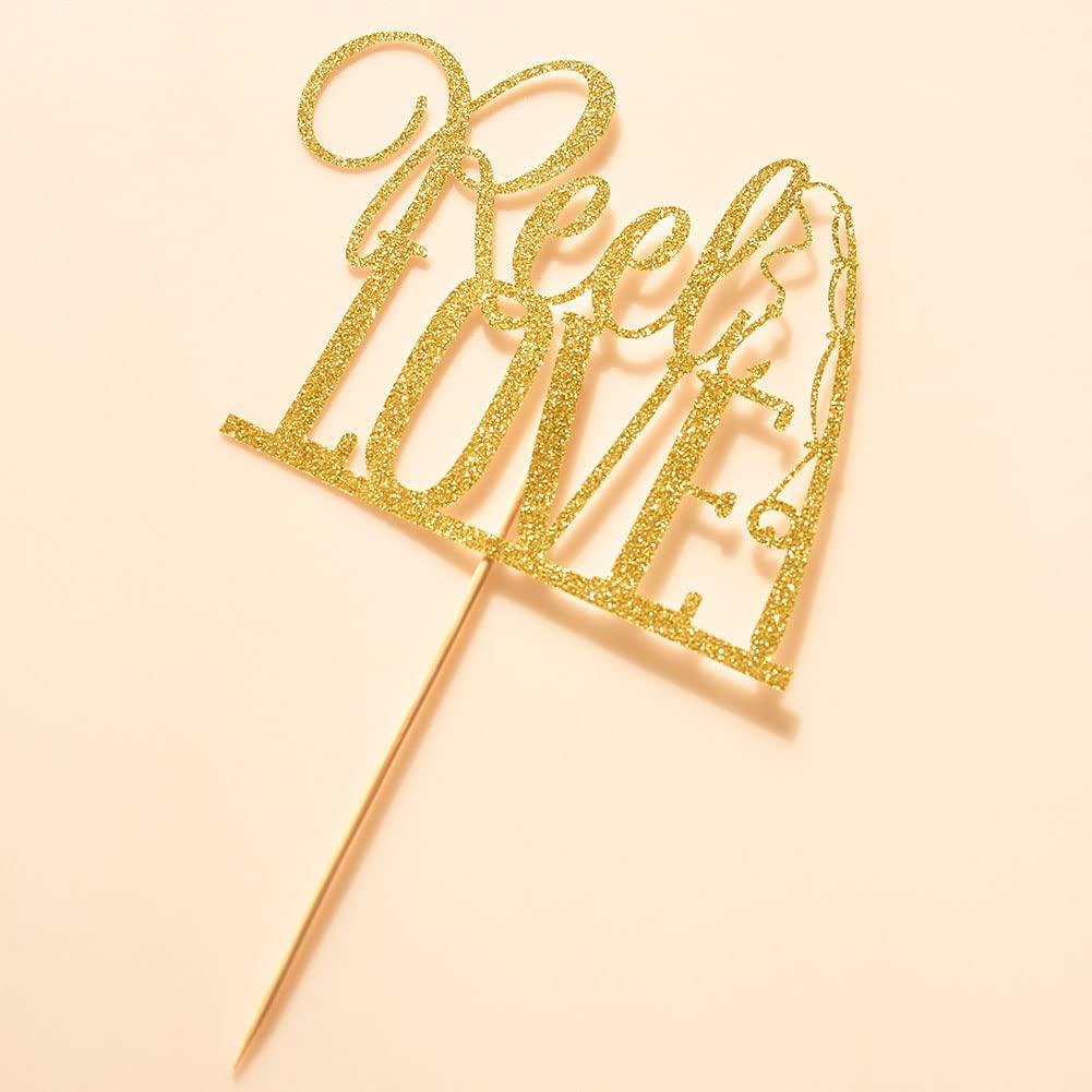 XIUHUBA Reel Love Wedding Cake Topper, Fishing Wedding Cake Toppers, Engagement Party Decors, Gold Glitter