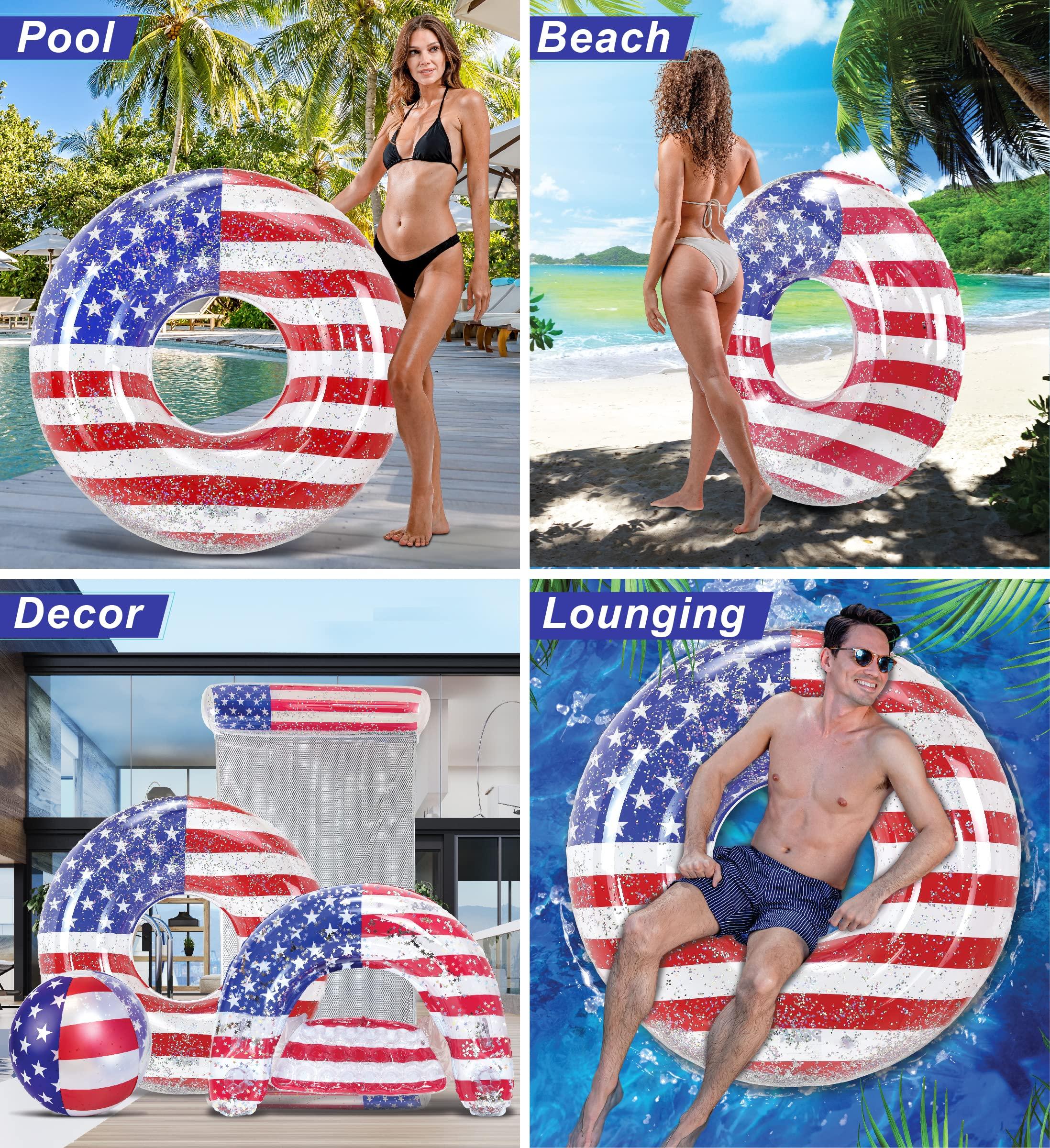 POZA POZA Inflatable USA Flag Giant Pool Float Tube - Sparkle Silver Stars Confetti Filled Luxurious Fun Lounger, Cool USA Flag Design Water Swimming Ring Pool Floaties for Beach, Lake, Pool 48 Inch