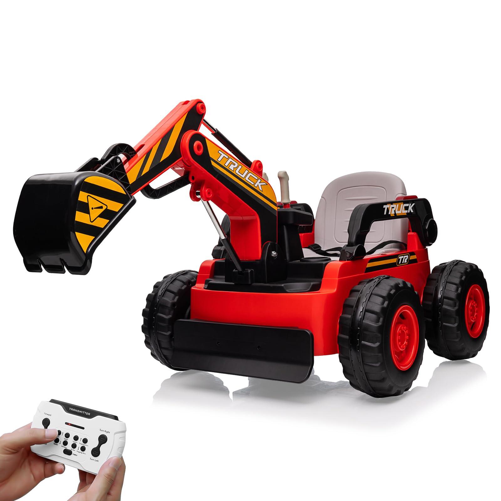 PALBY'S Kids Ride On Electric Excavator Digger Car with Remote Control & Digging Arm, 12V 10Ah Battery, 4x75W Motors,Led Tail Light, Music, USB, 360 Rotation Riding Toy Gift for Ages 3+,Red