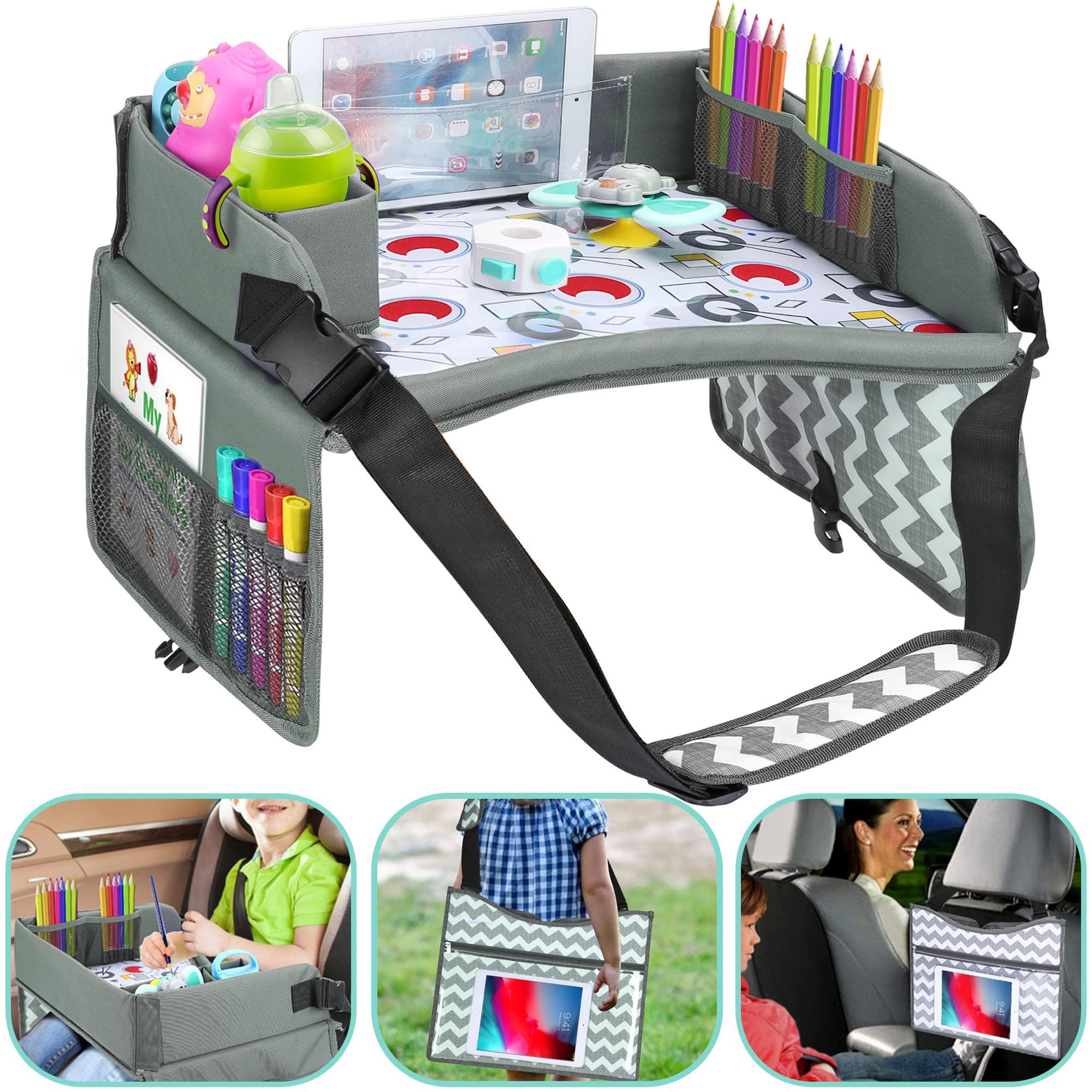 L T G LIL TOTS GEAR Kids Travel Tray - Car Seat Tray or Table as Road Trip Essentials Children Kids Lap Desk as Travel Accessories for Toddler Airplane Travel Activity, Snack with Storage Pockets & Dry Erase Board