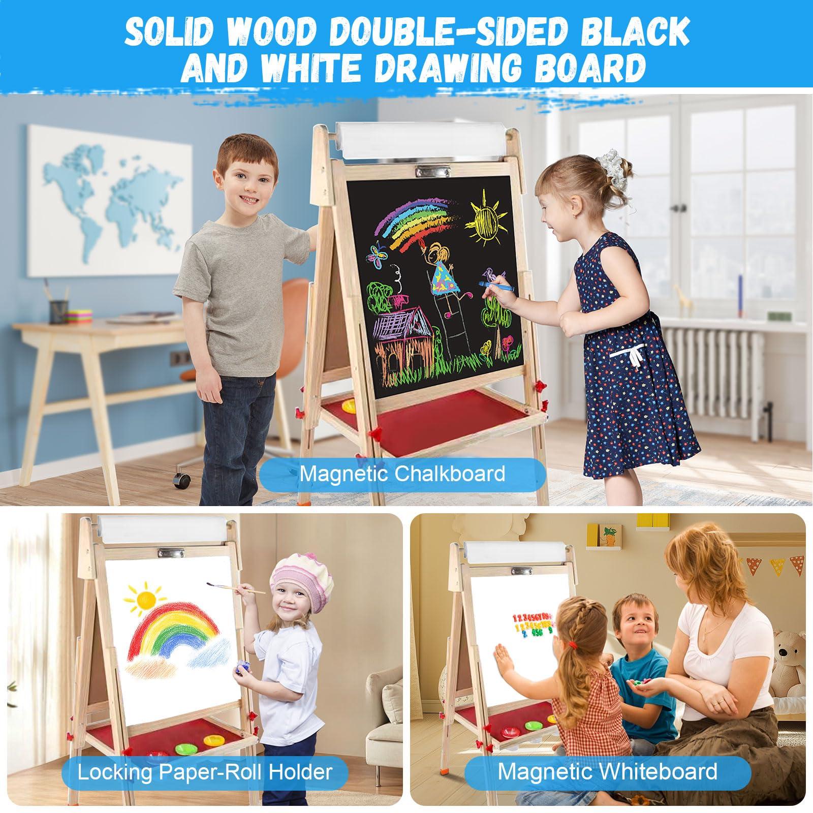 Hereinway Easel for Kids Including 100+ Accessories - White Board for Kids and Black Board Double Sided Adjustable Wooden Kids Easel with 1 Drawing Paper Roll Wooden Magnetic Drawing Board for Kids