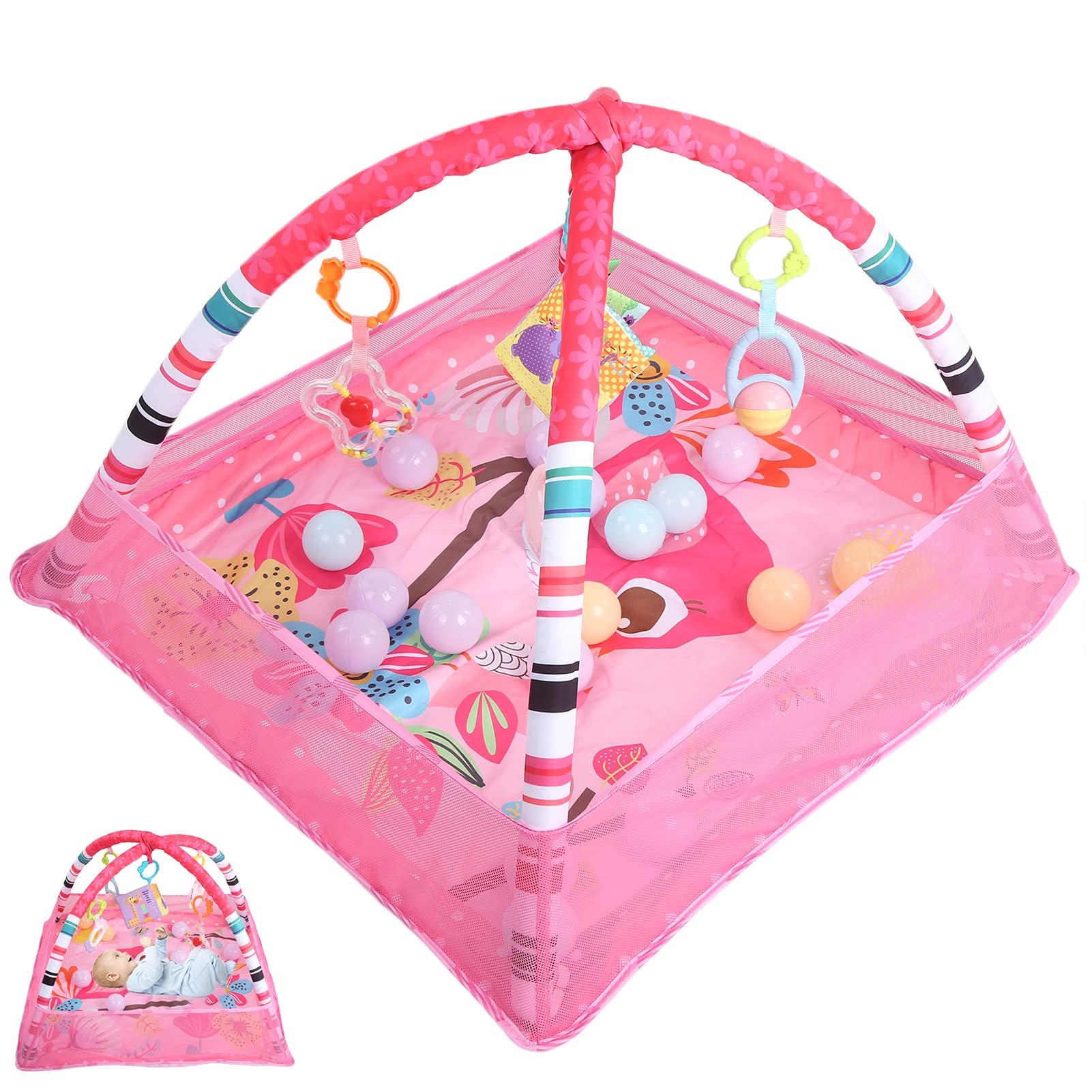 Meiyya Baby Play Mat, Baby Play Gym, 31.5 x 31.5 x 21.6in Baby Playmat Gym Infant Gym Exercise Baby's Visual Baby Gym Baby Activity Mat for Newborn Sensory Play(Pink)