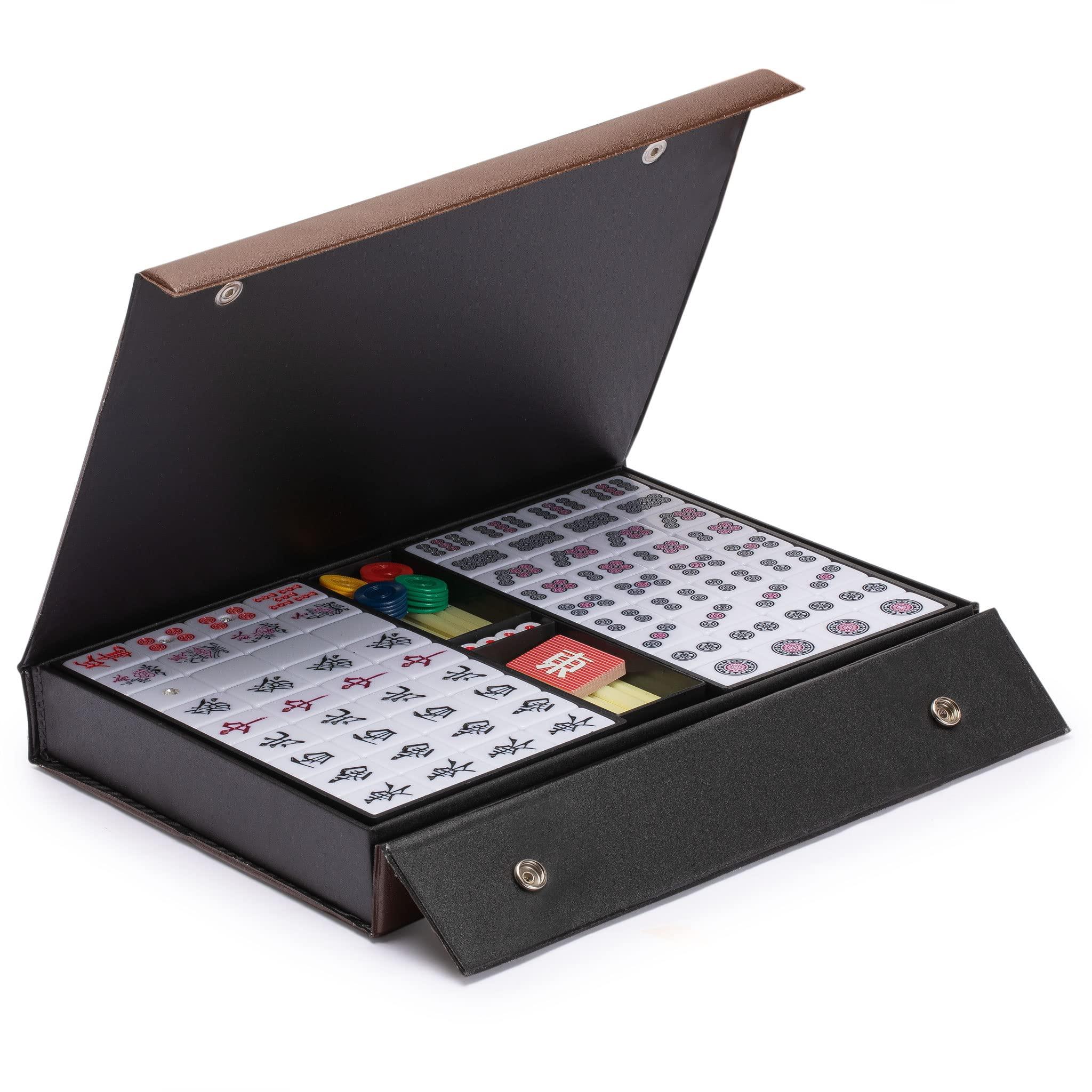 Yellow Mountain Imports Yellow Mountain Imports Japanese Riichi Mahjong Set - Large White and Green Tiles, Vinyl Case - Includes East Wind Tile, Betting Sticks, and Dice