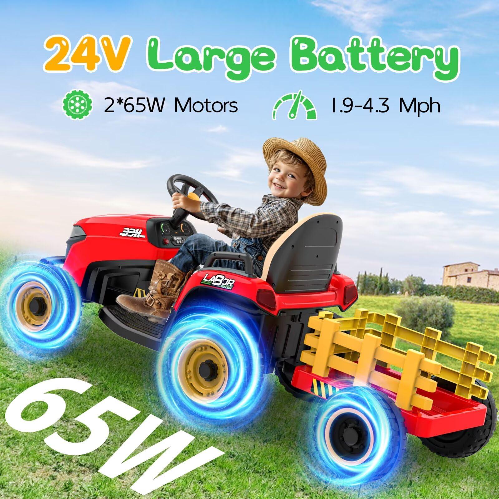 ANPABO ANPABO 24V Ride On Tractor w/Tiltable & Detachable Trailer, EVA Tires, Up to 4.3Mph, Ride On Toys with Parental Remote, Realistic Tractor Sound & Chimney, Music Player, LED Light, Red
