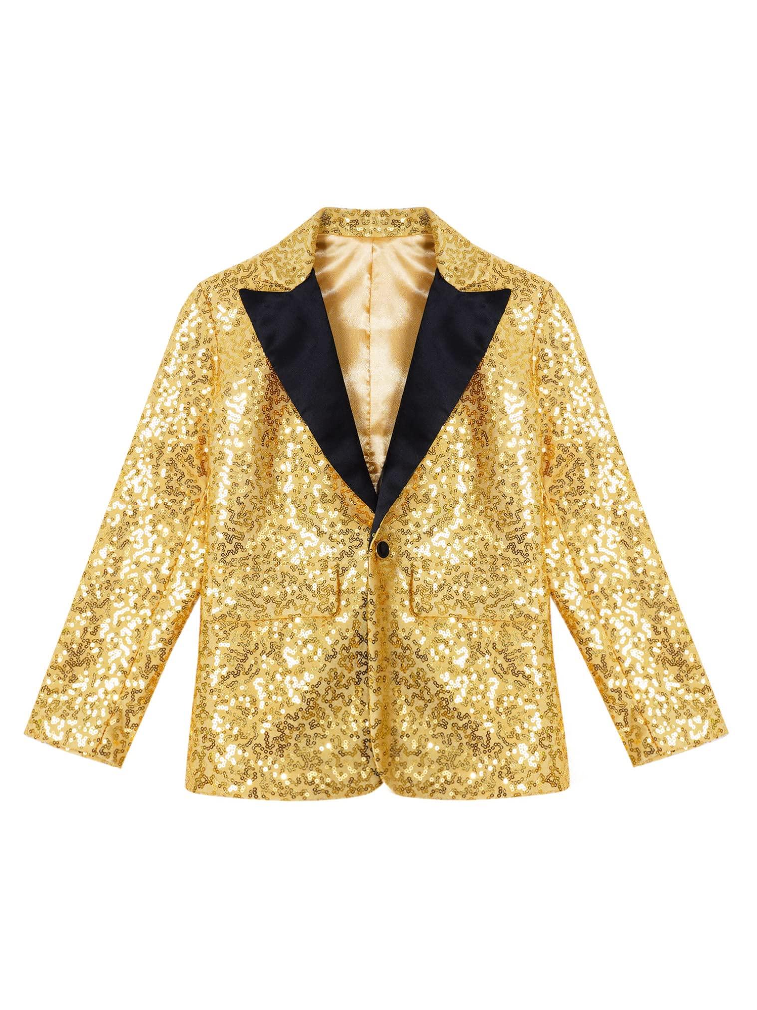JEATHA JEATHA Kids Boys Shiny Sequins Wedding Pageant Blazer Coat Long Sleeves Jacket Modern Dance Costumes Gold 10