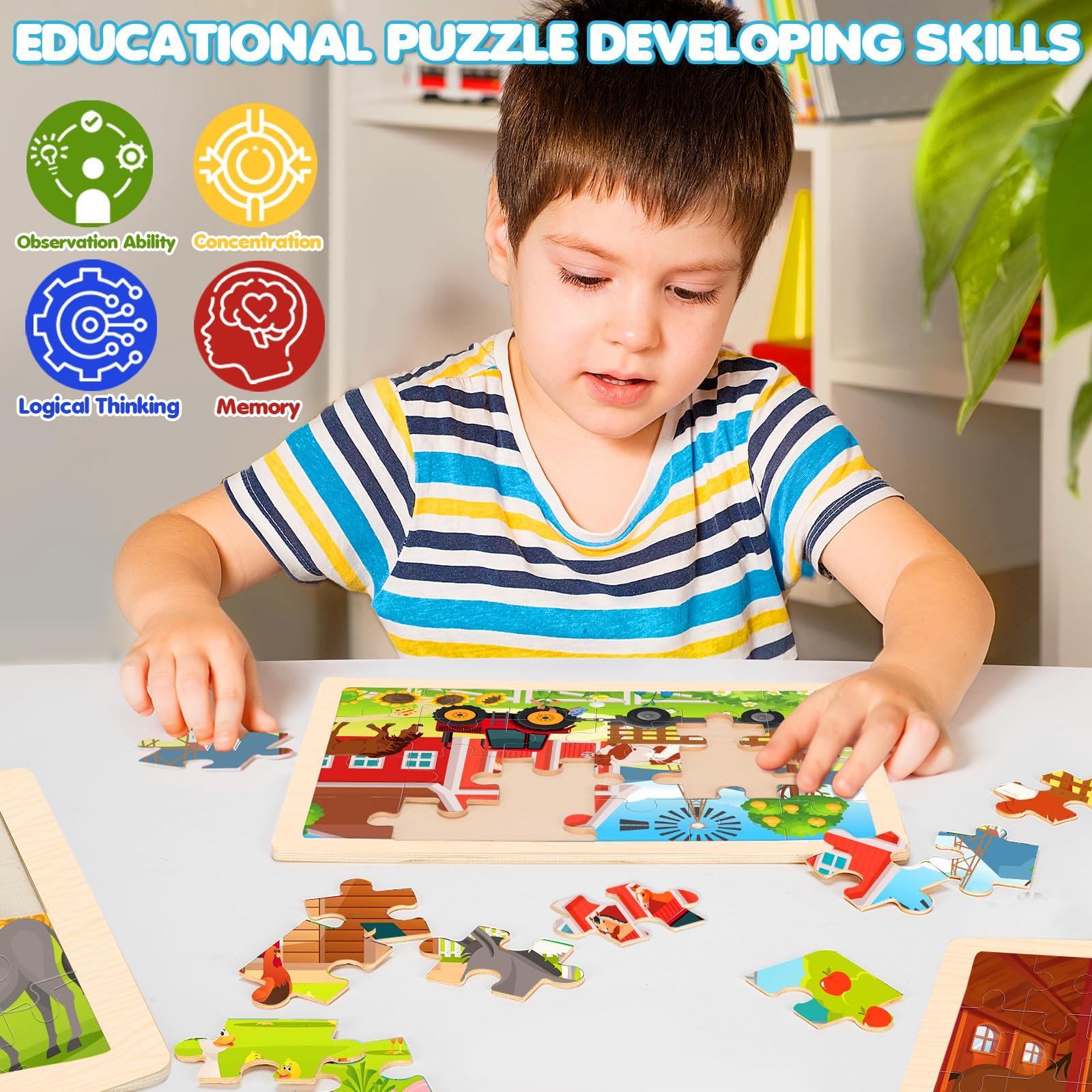 Duchong 4-in-1 Farm Wooden Puzzles for Kids Ages 4-6, 24 PCS Wooden Jigsaw Puzzles for Toddlers Ages 2-4, Preschool Educational Puzzles Boards Toys Gifts for 3 4 5 6 Boys Girls