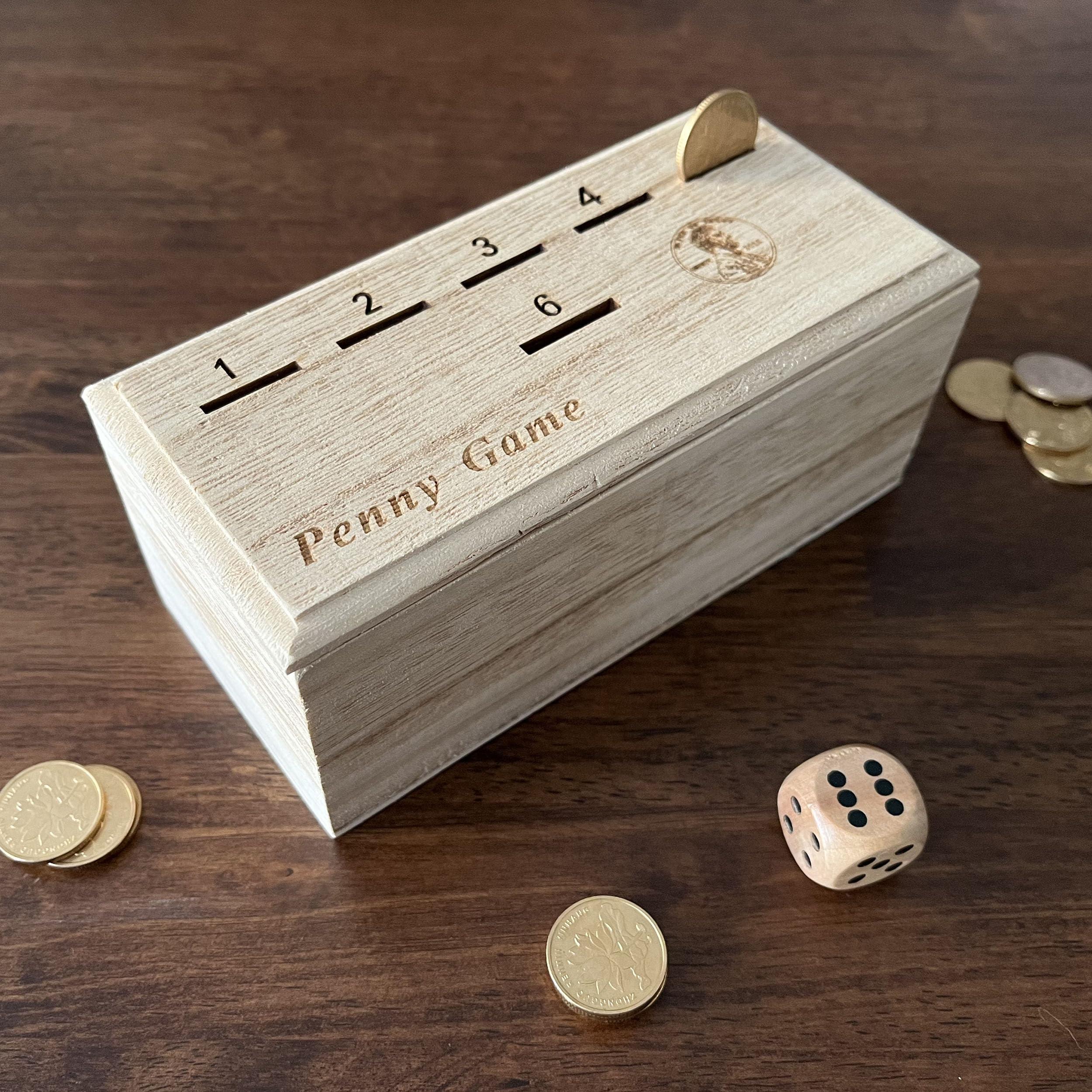 CBLKUS Penny Game - Fun Board Game Works with Coines, Get Rid of Coins to Win, Penny Game Wood Box for 2-6 Players, Simple + Strategic Dice Games