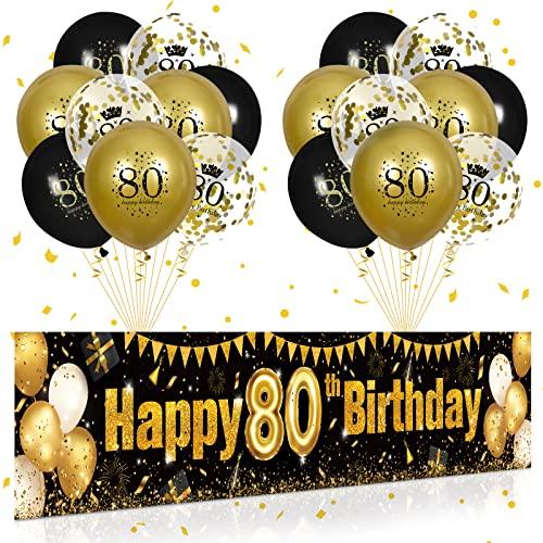 RUMIA 80th Birthday Decorations for Men Women Black and Gold, Black Gold Birthday Yard Banner Sign and 18 PCS 80th Happy Birthday Balloons for 80th Anniversary Birthday Party Supplies Outdoor Yard Decor