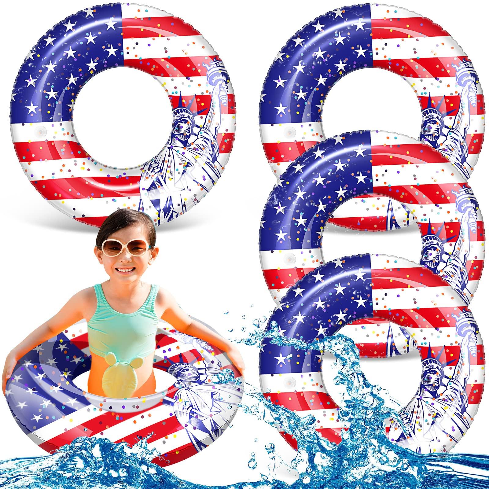 Wettarn Wettarn 4 Pcs 24 Inch Patriotic Inflatable Pool Float with Confetti USA Flag Swim Tube 4th of July Pool Tube Cool Pool Floaties Water Swimming Ring for Girls Boys Pool Toys Beach Lake Water Sports