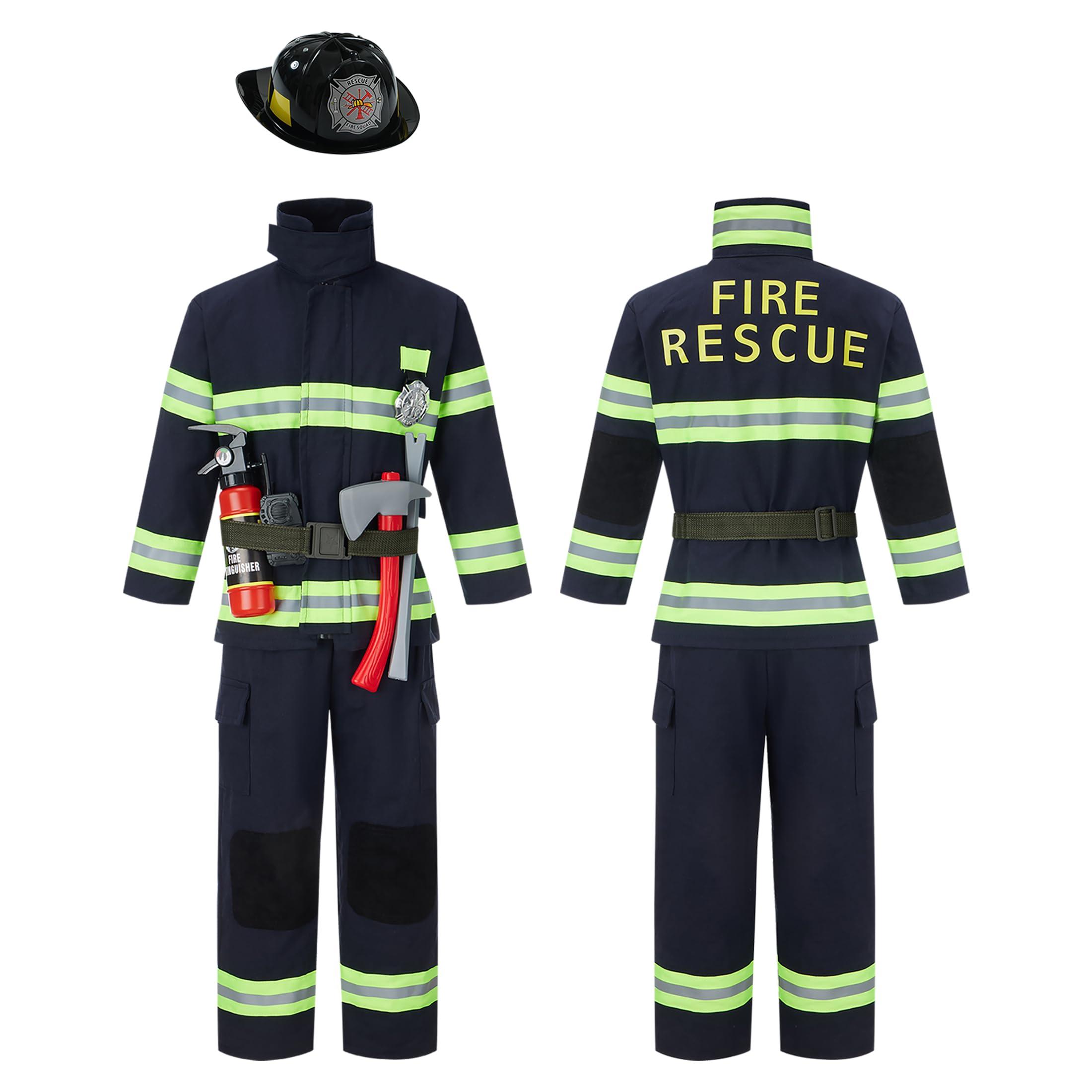 Kosgraiy Kosgraiy Firefighter Costume for Kids,Black Fireman Costume for Boy and Girl,Kds Fire Chief Costume Outfit,Halloween,9pcs,Size S for Children 3-4Years