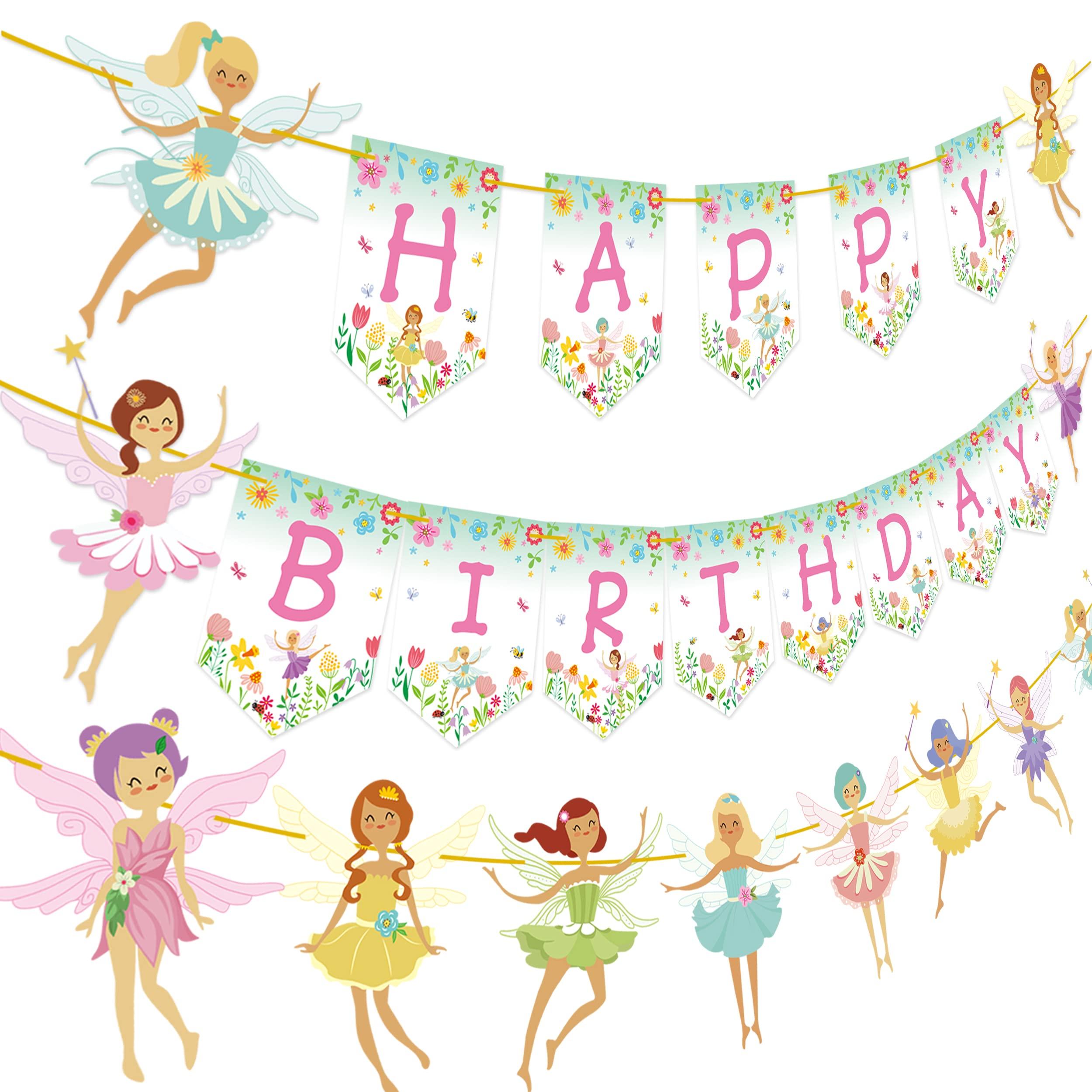 iPartyFun Fairy Birthday Party Decoration Flower Fairies Girls Birthday Banner Fairy Hanging Decoration Colorful Happy Birthday banner Fairy Party Favors Fairy Garden Decoration for Fairy Theme Birthday Party