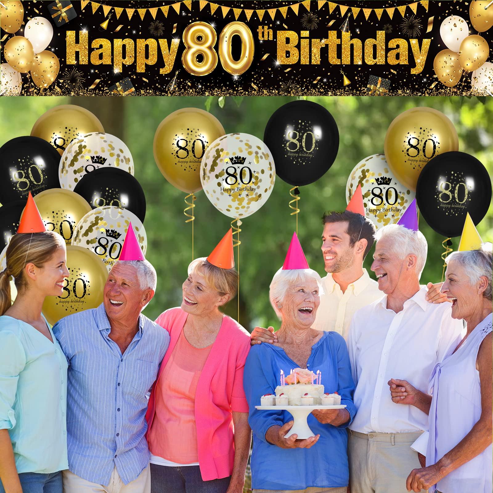 RUMIA 80th Birthday Decorations for Men Women Black and Gold, Black Gold Birthday Yard Banner Sign and 18 PCS 80th Happy Birthday Balloons for 80th Anniversary Birthday Party Supplies Outdoor Yard Decor