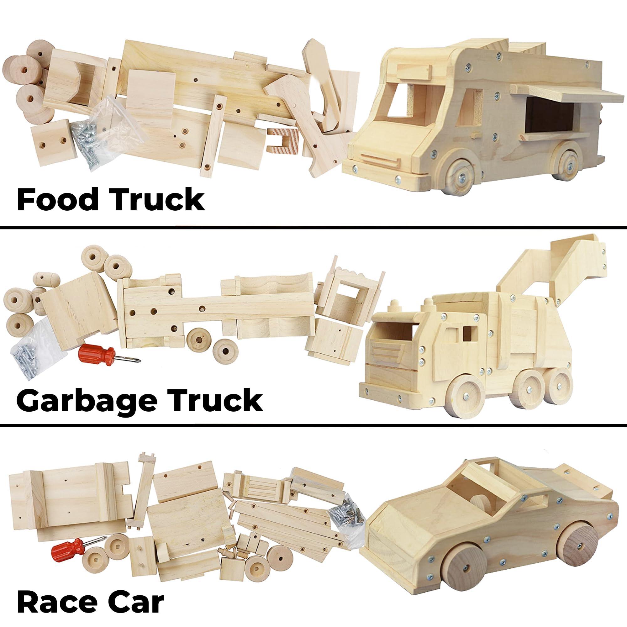 Kraftic Kraftic Woodworking Building Kit for Kids and Adults, 3 Educational DIY Carpentry Construction Wood Model Kit Toy Projects for Boys and Girls, Build a Wooden Food Truck, Racing Car and Garbage Truck