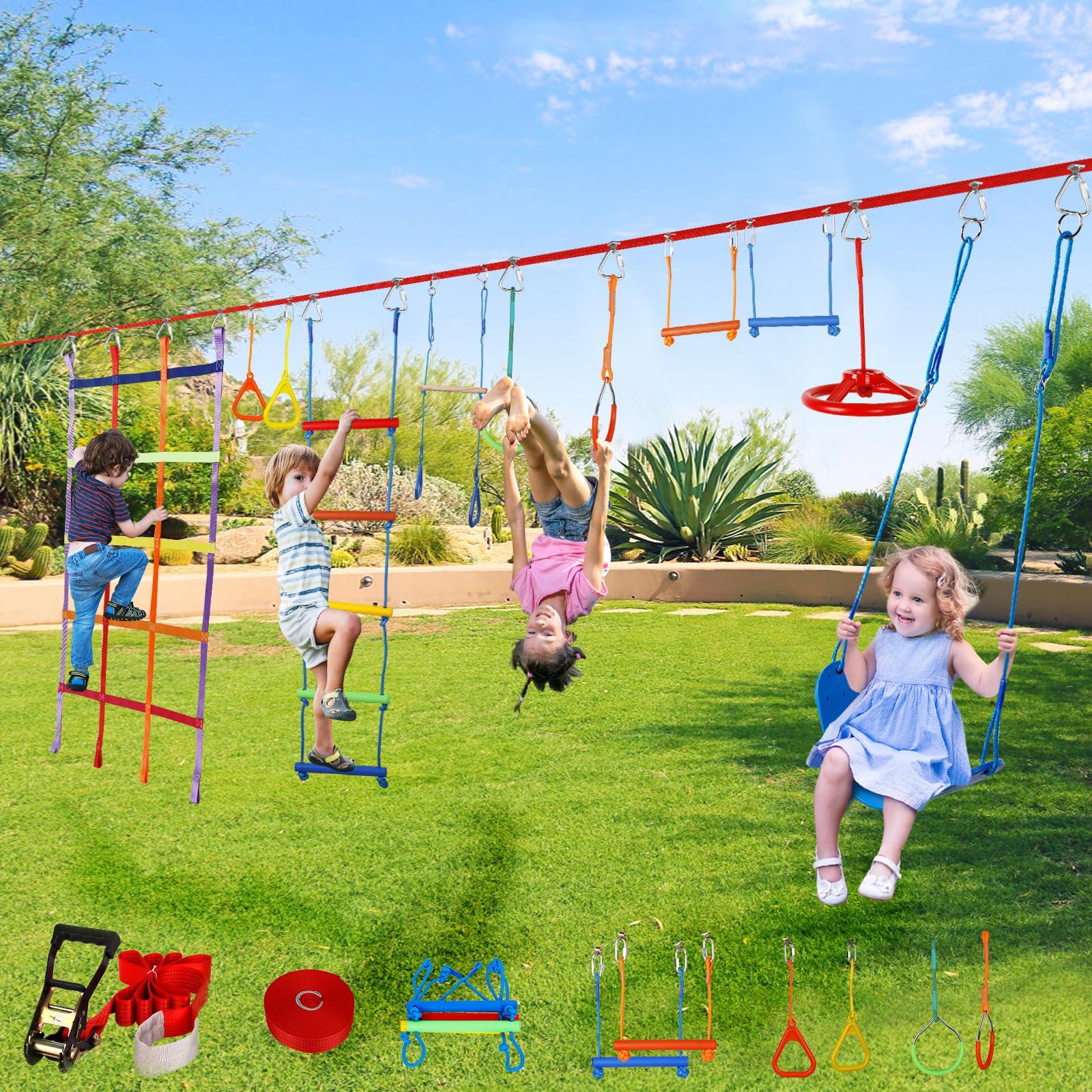 ITEFDTUTNE 50ft Ninja Warrior Obstacle Course for Kids with Swing, Ninja Course for Kids Outside with 11 Accessories--Swing Set, Trapeze Swing, Climbing Net, Rope Ladder, Outdoor Playset with Monkey Bars