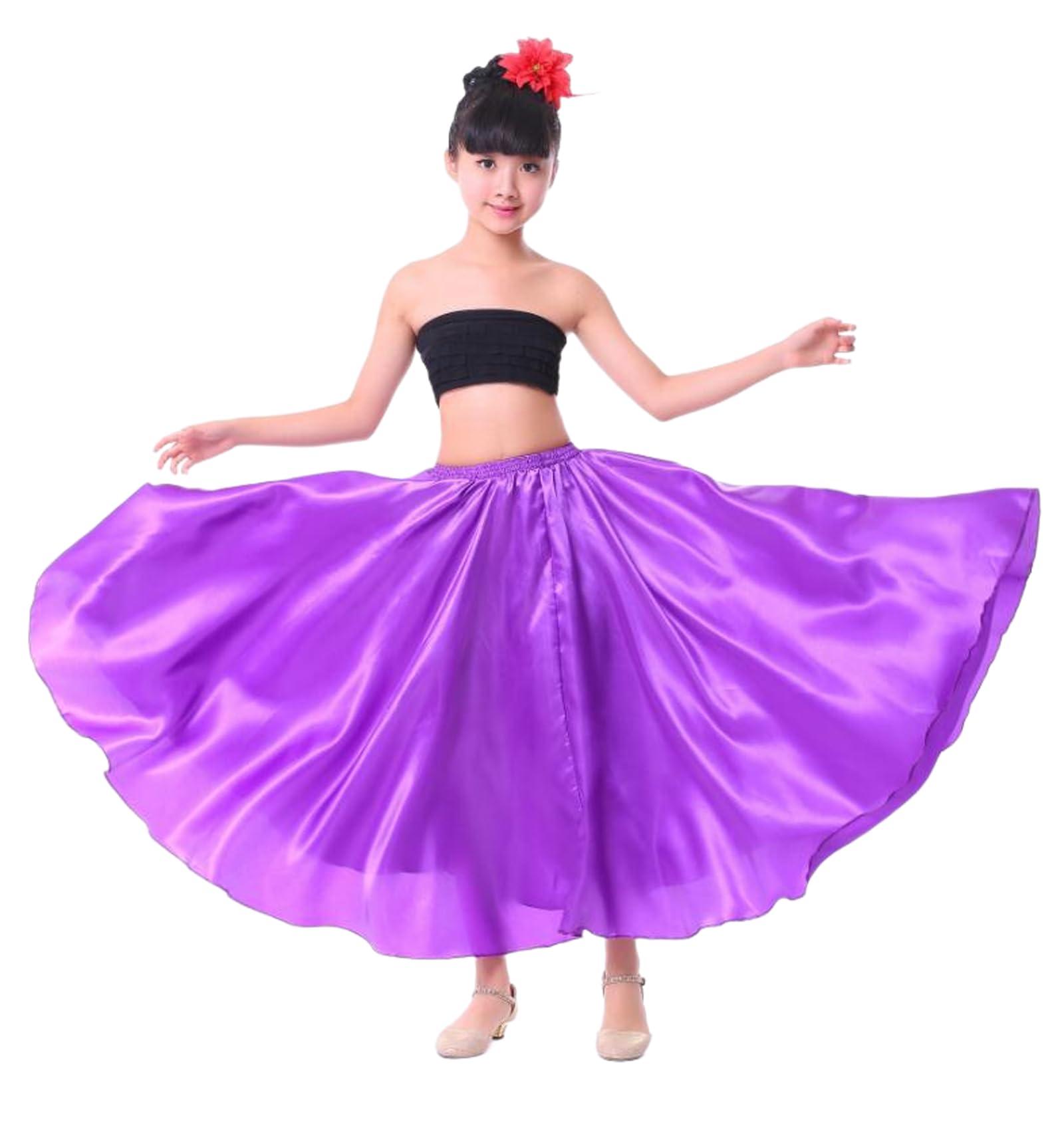 OTMYIGO Girls Flamenco Spanish Dress Dance Gypsy Style Large Swing Skirt Stage Performance Costume Competition,Purple 360,100