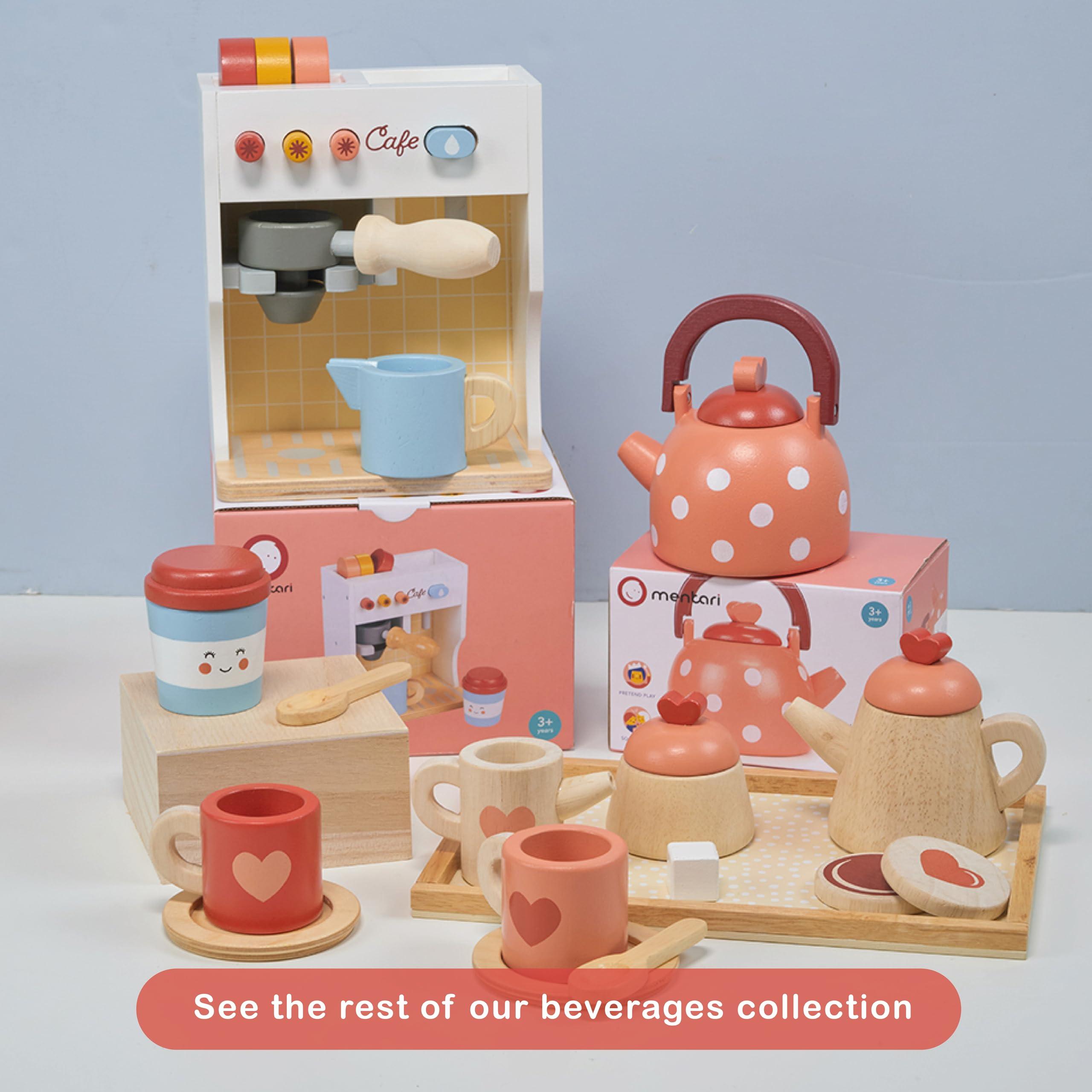 Mentari Mentari Toys - Tea Time Tray Set - Wooden Pink Teapot, Cups and Trays for Pretend Afternoon Tea Party - Social, Creative, and Imaginative Development - Learning Role Play - Age 3+