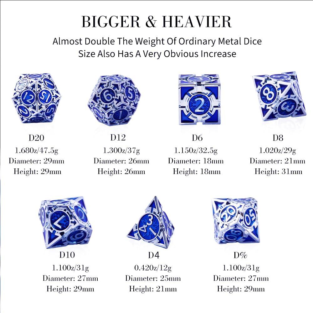 RULE DICE RULE DICE Metal DND Dice Set D&D Dungeons and Dragons Dice, Unique Polyhedral MTG RPG Role Playing D and D Dice Set, Weighted Solid Blue D & D Metal Dice with DND Dice Gift Box D20 D4 D12 D10 D% D8 D6