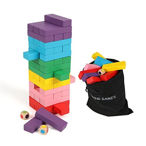Canuan Canuan Wooden Blocks Stacking Games, 48PCS Tumbling Stacking Blocks Game for Kids and Families, Wood Colorful Balancing Blocks Montessori Toys for Kids with Storage Bag