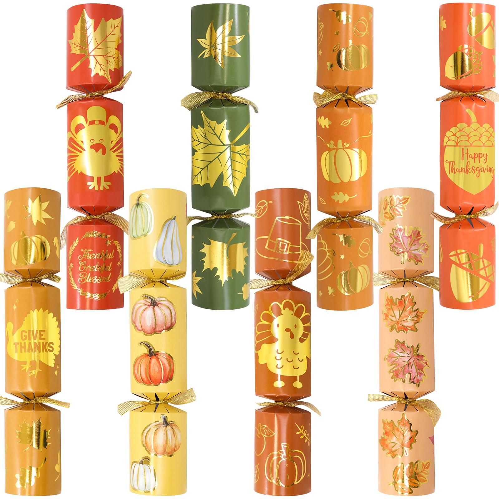 ceiba tree 8 PC Thanksgiving Crackers Poppers Party Table Favors No Snap No Popping Fall Thanksgiving Games Activities for Family Kids with Party Hats Joke Gifts Toys Holiday Traditions Prizes Gold Foil
