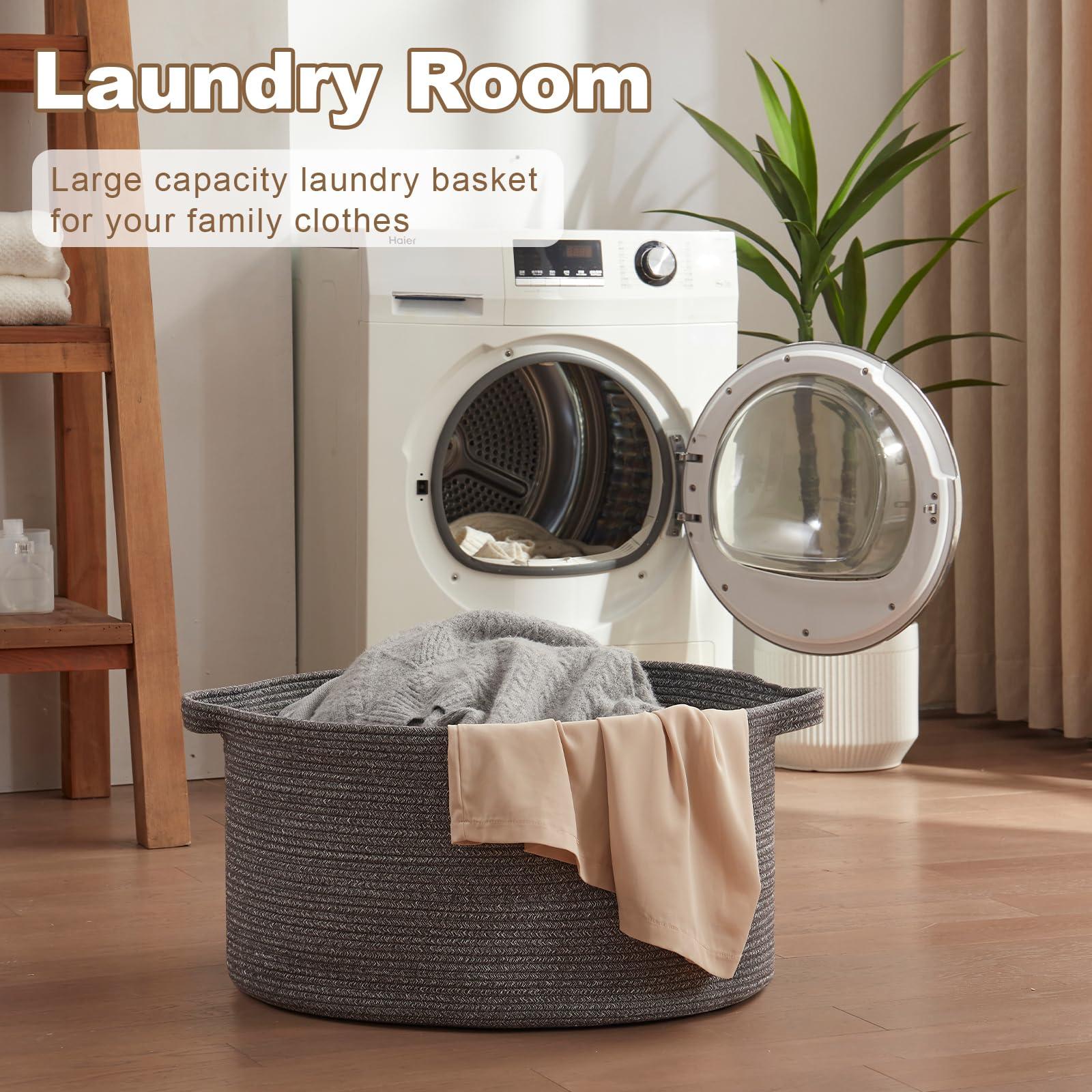 OIASKET OIASKET Large Woven Baskets for Storage, 22.8" x 22.8" x 13" Blanket Basket Living Room, Baby Toy Storage Basket, Big Laundry Basket for Clothes, Pillows, Towels, Shoe Basket for Entryway (Dark Grey)