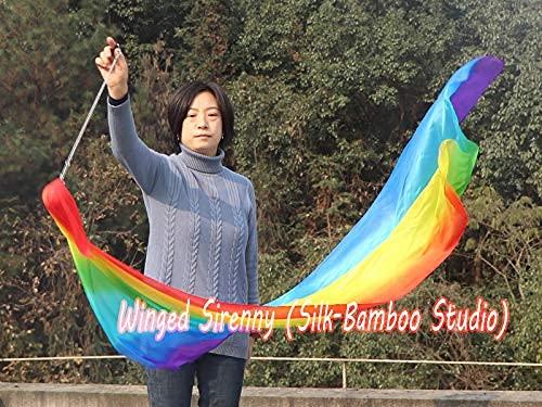 Winged Sirenny Winged Sirenny Single Piece 70" Play Silk Scarf with Poi Ball, Colorful Silk Flag Ribbon Streamer, Belly Dance Practice VOI (Rainbow longside)