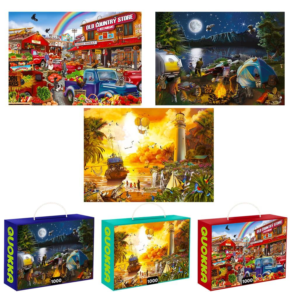 QUOKKA QUOKKA Puzzles for Adults 1000 Pieces and Up - 3 Pack of 1000 Piece Puzzles for Kids Ages 8-10-12 - Enjoy Market, Lighthouse and Camping Designs for Women and Men