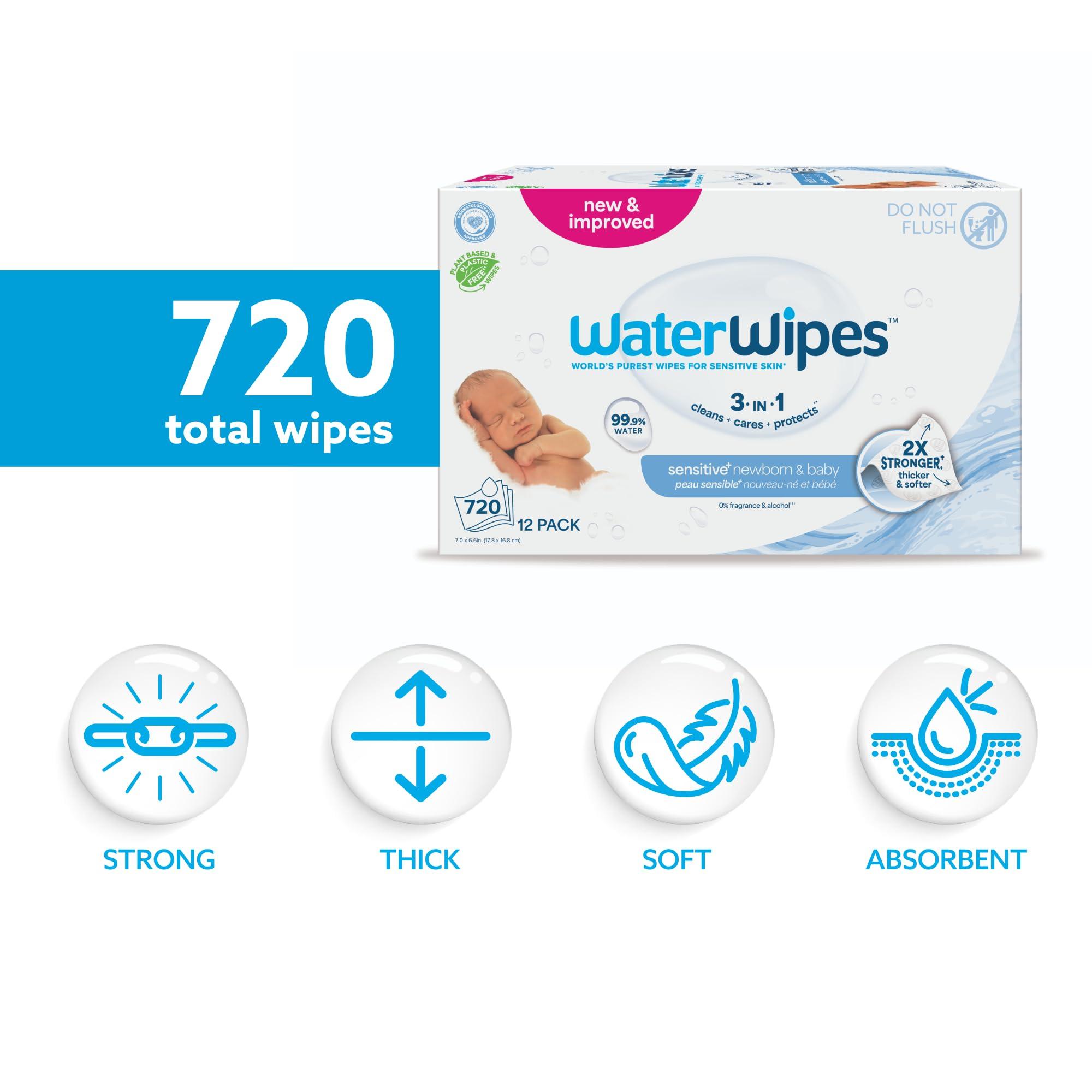 WaterWipes WaterWipes Plastic-Free Original Baby Wipes, 99.9% Water Based Wipes, Unscented & Hypoallergenic for Sensitive Skin, 60 Count (Pack of 12), Packaging May Vary