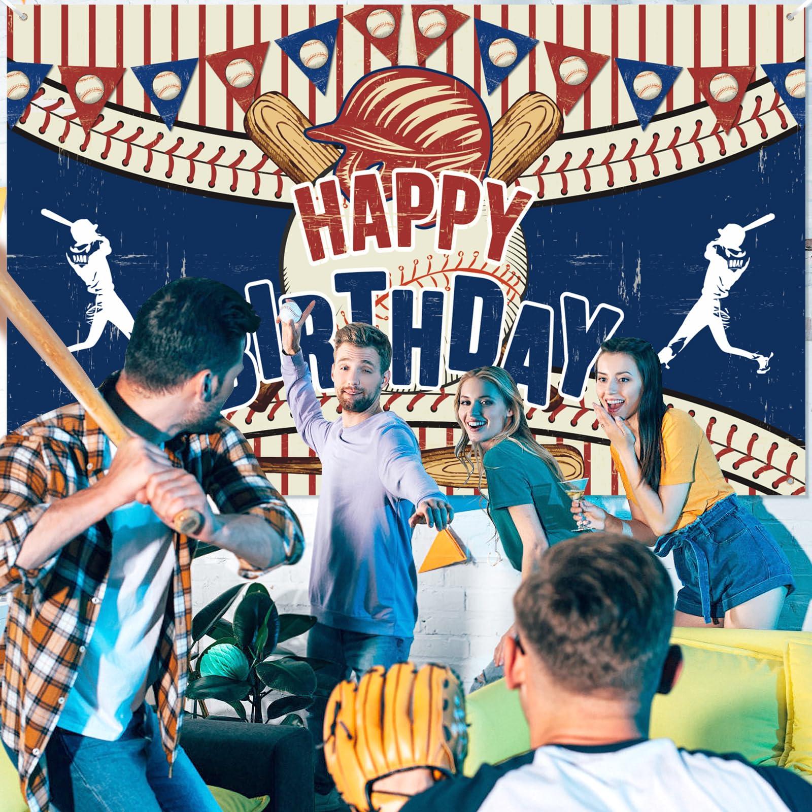 RUMIA Vintage Baseball Party Decorations - Happy Birthday Banner for Boys, Kids, Teens - Large Retro Sport Themed Party Supplies for Birthday, Anniversary Decor