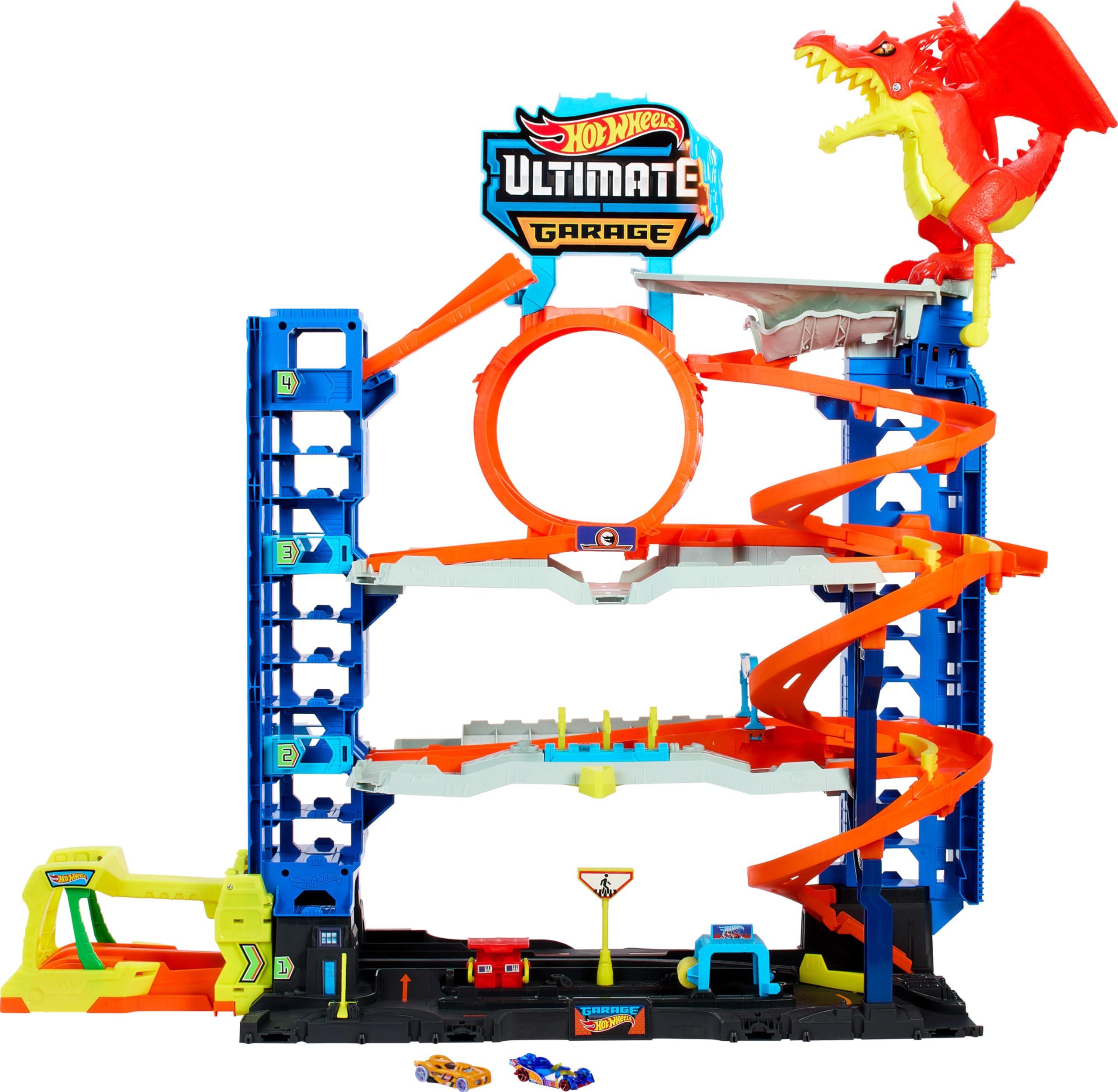 Hot Wheels Hot Wheels City Ultimate Garage Track Set with 2 Die-Cast Toy Cars & Car-Eating Dragon, Stores 50+ Vehicles, 4 Levels