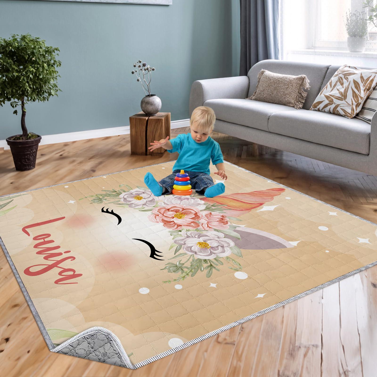 Dyoart Custom Name Baby Play Mat - Soft Horse Pattern Play Mats for Floor, Foldable Waterproof Playmats for Babies and Toddlers Kids, Reversible Baby Crawling Mat for Indoor and Outdoor(43"x 43")