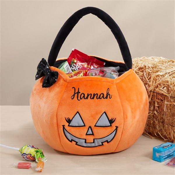 Personalization Universe Personalization Universe Cheerful Pumpkin Embroidered Reflective Girl Halloween Treat Bag - Customizable Name, Multiple Thread Colors/Fonts Personalized Trick or Treat - 8" W x 7.5" H, 100% Polyester