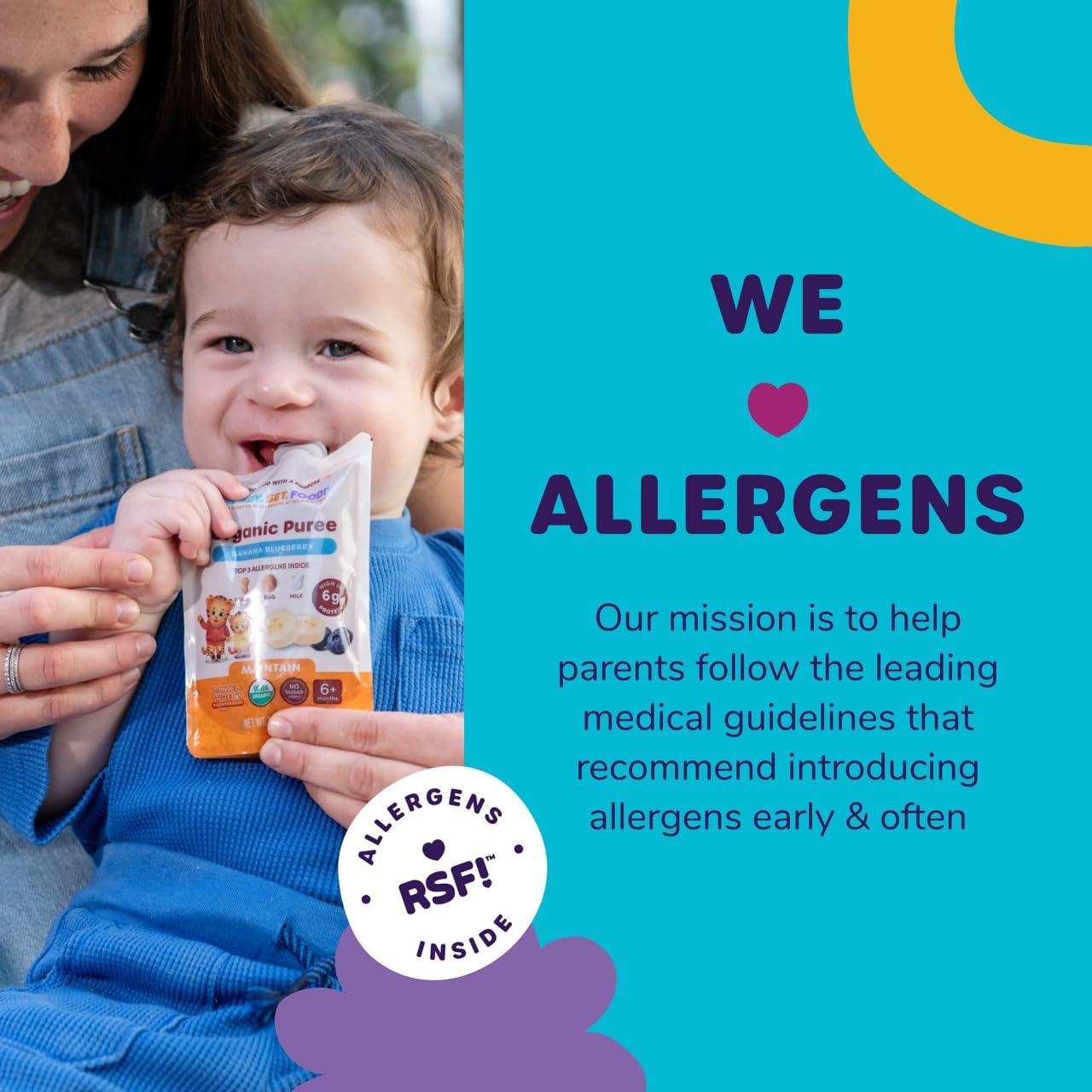 Ready, Set, Food! Ready Set Food Organic Puree Pouch Organic Baby Food Squeeze Pouch with Top 3 Allergens for Baby Allergen Introduction, Includes Organic Peanuts, Egg, and Milk (Apple Banana Carrot, 6 count)