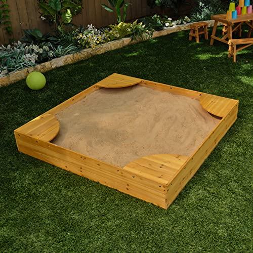 KidKraft KidKraft Wooden Backyard Sandbox with Built-in Corner Seating and Mesh Cover, Kid's Outdoor Furniture, Honey, Gift for Ages 2-8