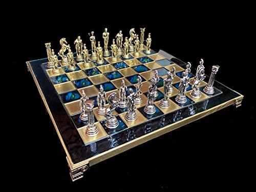 The Chess Empire The Chess Empire --Greek Warrior Complete Metal Weighted Luxury Chess Set with 32 x 32 cm Turquoise Oxidation Chess Board with Chess Pieces-Luxury Metal Unique Chess Set