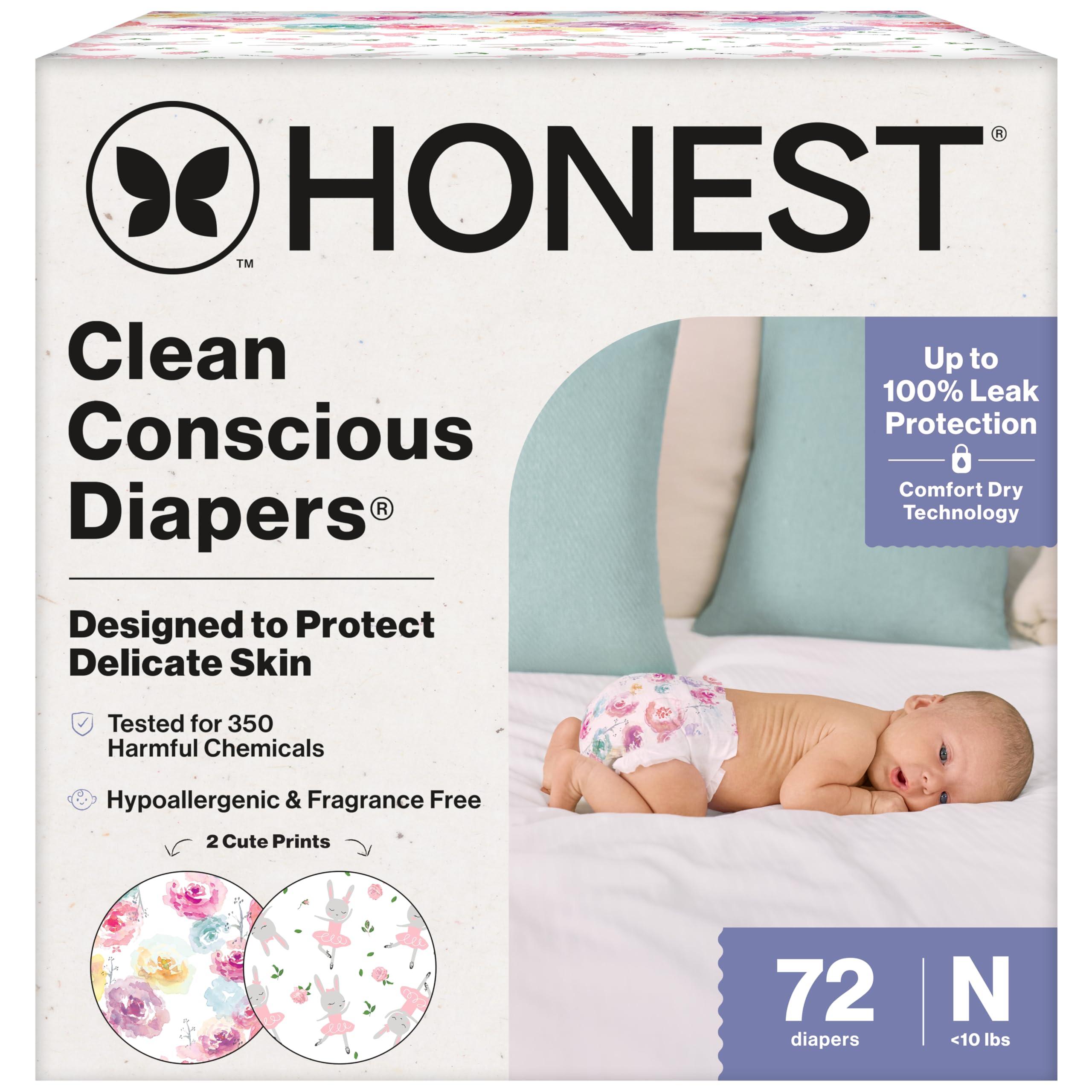 The Honest Company The Honest Company Clean Conscious Diapers for Sensitive Skin | Hypoallergenic, Fragrance Free | Girl Prints | Club Box, Size Newborn, 72 Count