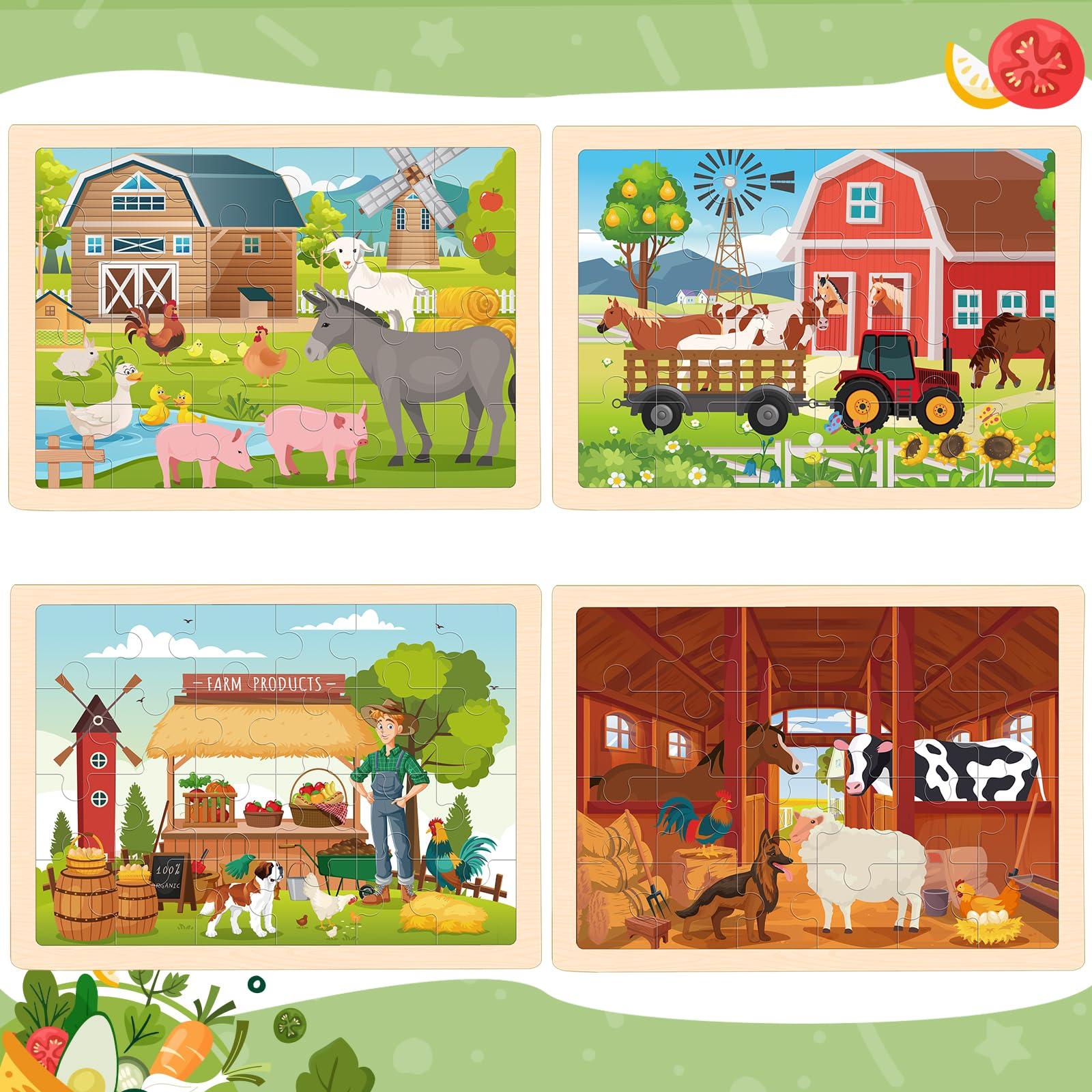 Duchong 4-in-1 Farm Wooden Puzzles for Kids Ages 4-6, 24 PCS Wooden Jigsaw Puzzles for Toddlers Ages 2-4, Preschool Educational Puzzles Boards Toys Gifts for 3 4 5 6 Boys Girls