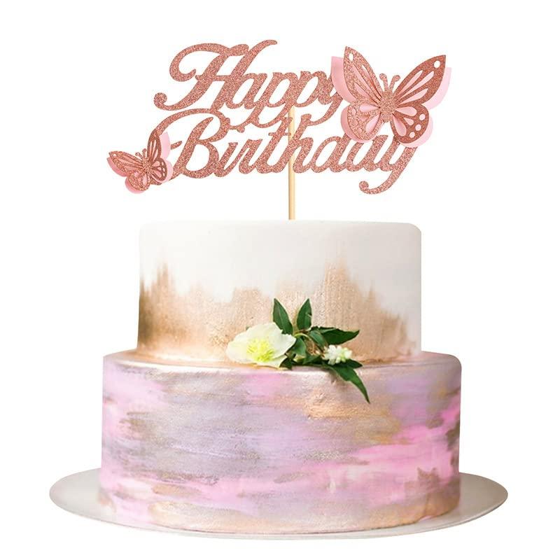 Flairs New York Flairs New York Birthday Party Decorations Cake Toppers Props (Pack of 1 Cake Topper, Rose Gold Happy Birthday Butterfly)