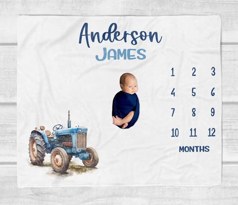 ToysCentral Basics Personalized Baby Blanket for Boys - Tractor Milestone Blanket - Baby Milestone Blanket with Name - Blue Tractor Blanket for Baby - Farm Baby Month Blanket - Newborn Baby Boy Gift
