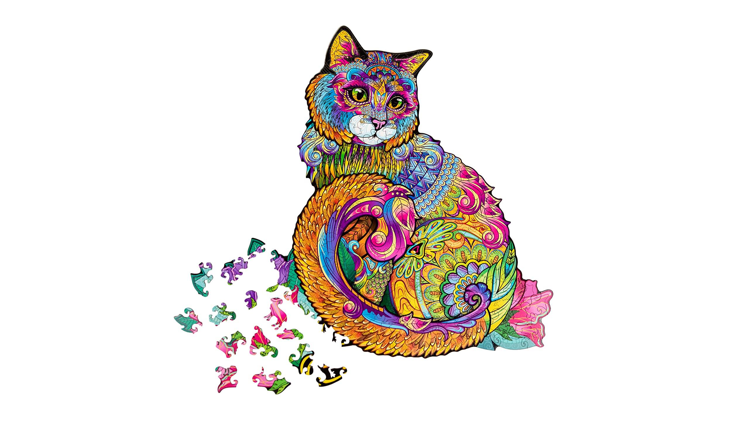 Woodvio WOODVIO - Wooden Jigsaw Puzzle for Adults and Kids - Cat, Animal-Shaped Fantasy Puzzle, 208 Unique Shaped Pieces, Size King (17.7\" x 16.9\")
