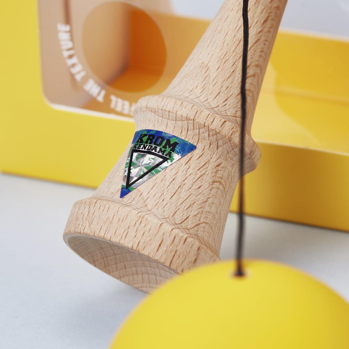 KROM KROM - Kendama Toy POP Yellow - High Wood Quality - Extra Strong - for Beginner and Pro - Gift Pack : Extra String + Stickers