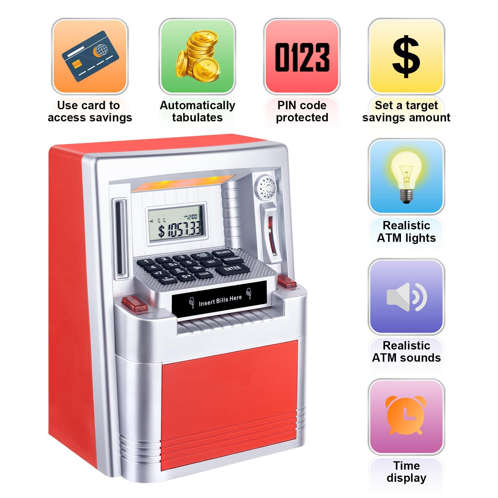 qiekaka Qiekaka Upgraded ATM Piggy Bank, Kids Talking Piggy Bank, ATM Bank Machine for Real Money, with Debit Card, Balance Calculator, Digital Electronic Savings Safe Box for Teen Boys Girls.