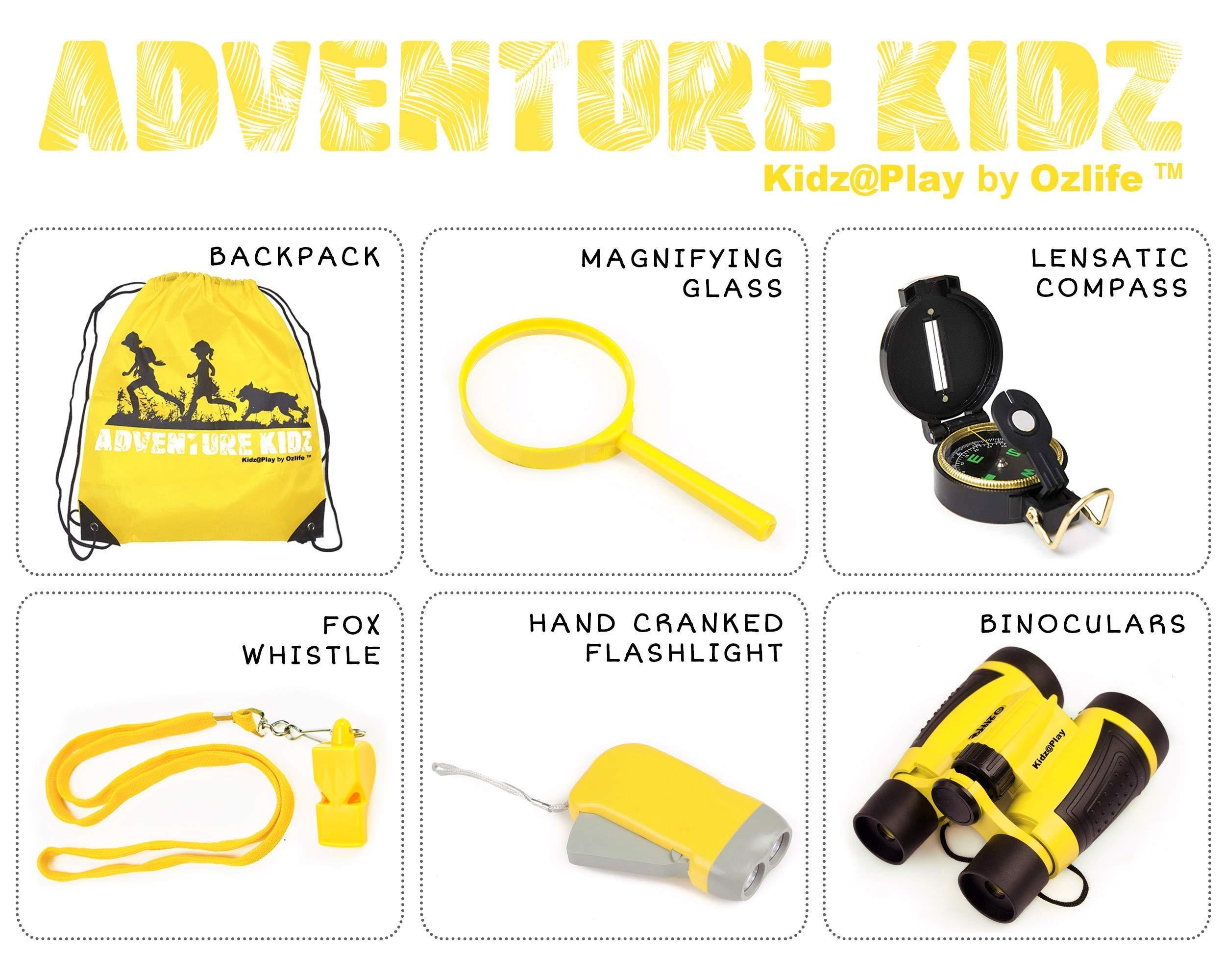 Kidz@Play Adventure Kidz - Outdoor Exploration Kit, Binoculars with Case, Flashlight, Compass, Whistle, Magnifying Glass, Backpack, Bundle (28 Items)